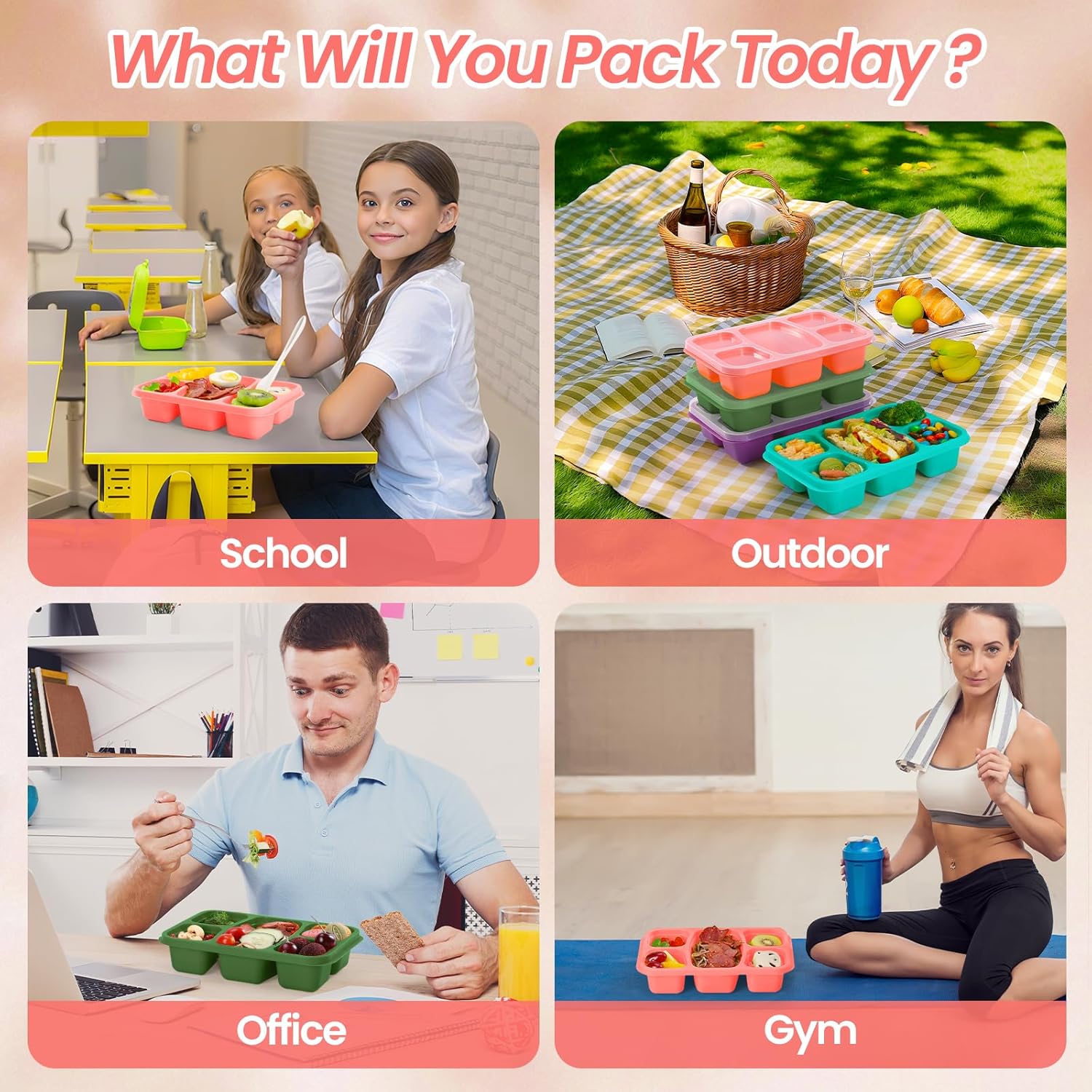 Bento Boxes Adult Lunch Containers 4 Pack, 5 Compartment Reusable Lunchable Containers for Kids, Stackable Snack Box With XXL Space for Sandwiches,Meal Prep for School - Image 7