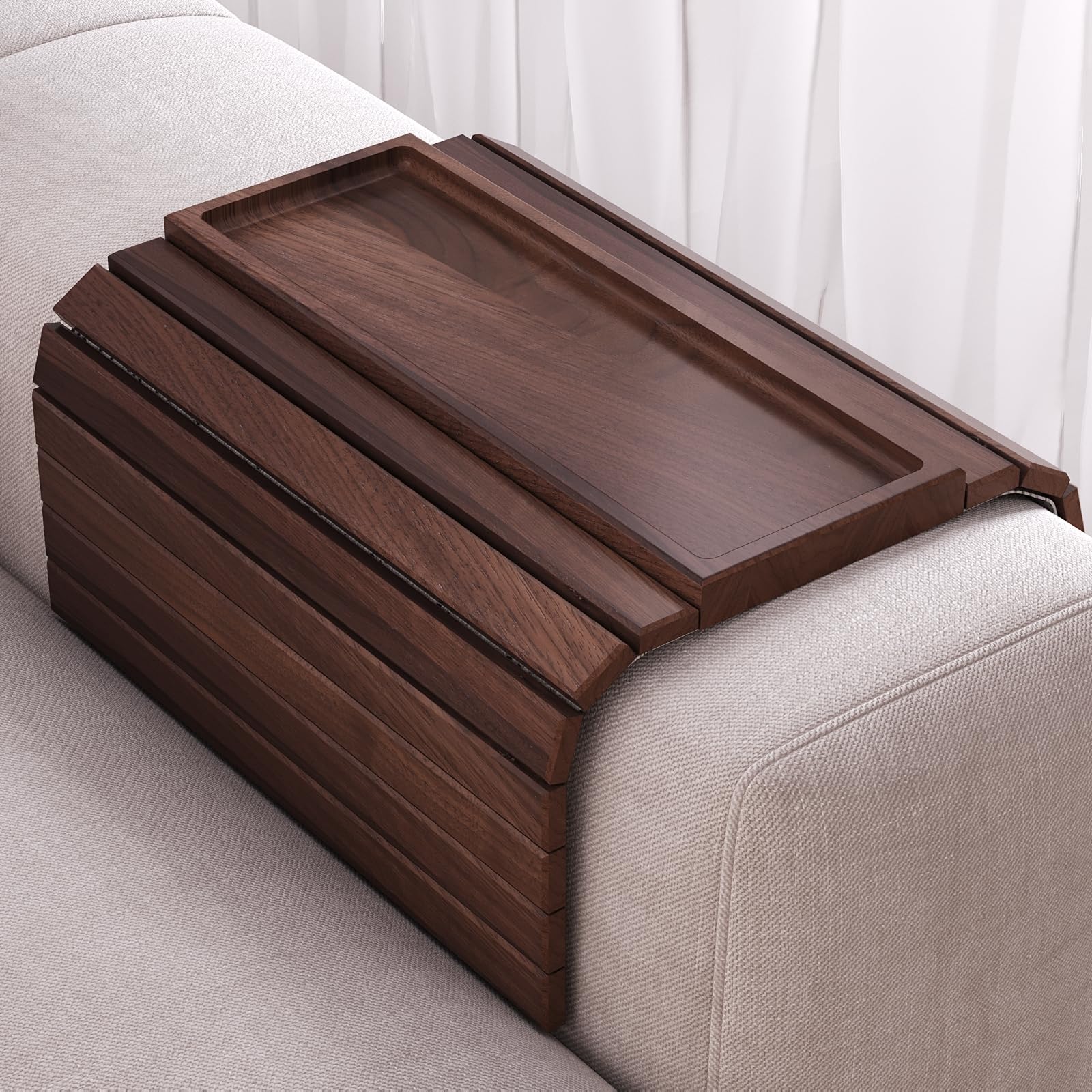 Danfoxer Sofa Arm Tray,Walnut Wood Folding Couch Arm Trays,Sofa Armrest Tray with Anti-Slip Pad for Drinks,Snacks,Phone,Remote Control