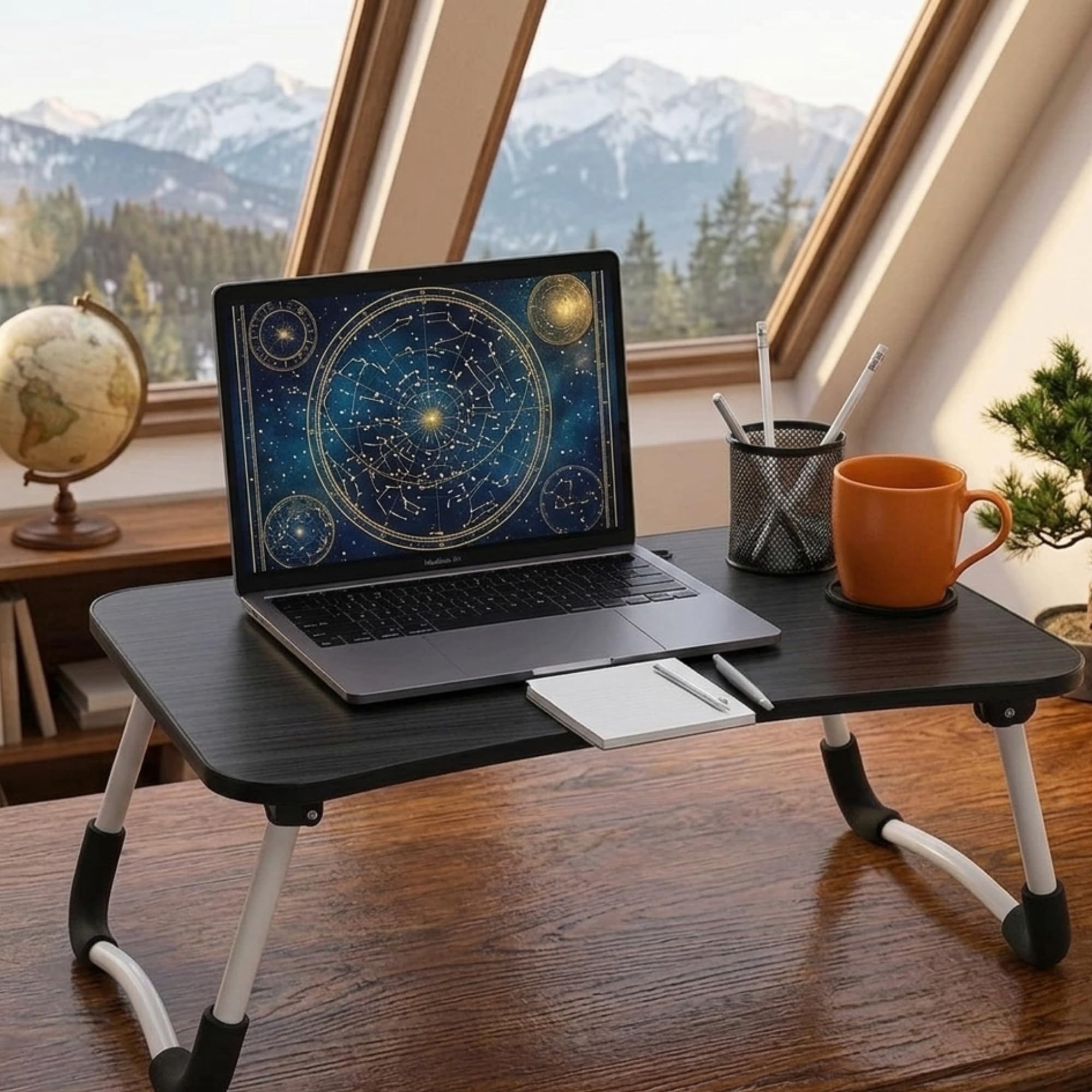 Burakh Black Wood Grain Laptop Bed Table With Cup Holder – Folding Lap Desk For Sofa, Breakfast Tray & Notebook Stand (60X40x26cm) (Black Wood Grain)