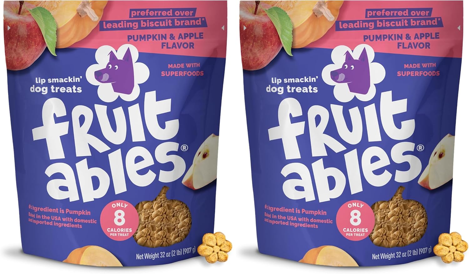 Fruitables Baked Dog Treats, Healthy Pumpkin Treat for Dogs, Low Calorie & Delicious, Made Without Wheat, Corn and Soy, Made in the USA, Allergy Friendly, Pumpkin and Apple Flavor, 32 oz (Pack of 2)
