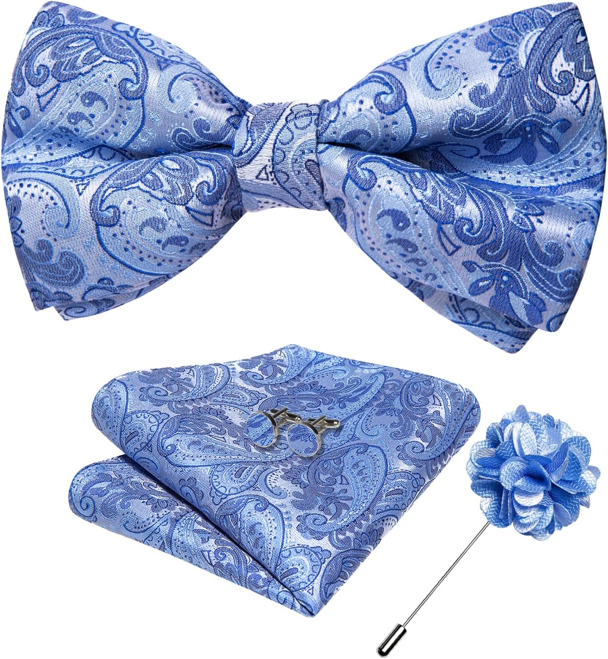 DiBanGu Silk Paisley Bow Tie for Men with Pocket Square Lapel Pin Cufflinks Pre-tied Bowtie Set for Wedding Party Prom