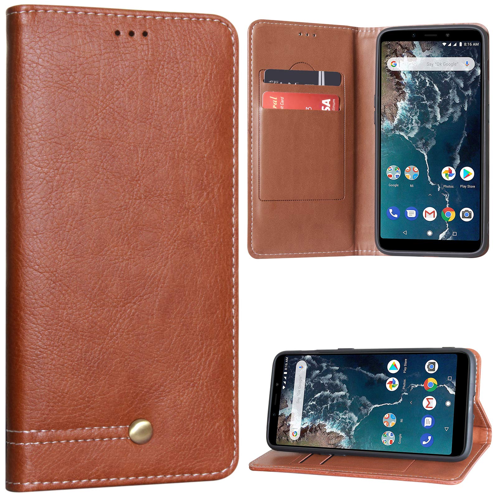 TecKraft Leather Wallet Case Shock Absorbing Flip Cover for Mi A2 (Magnetic Brown)