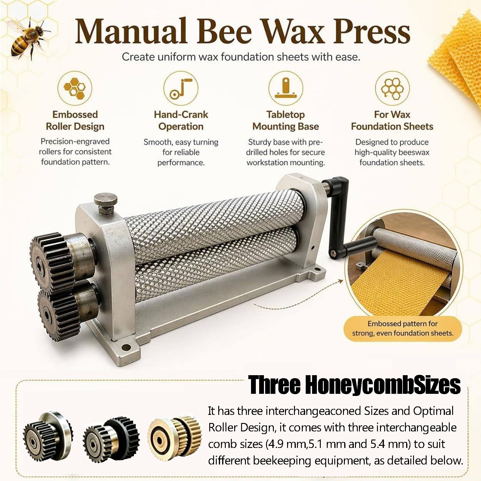 Bienenwachs mittelwand prägewalze,walzenlänge 280mm,zellgröße 4,9/5,1/5,4mm(erhältlich),imker prägewalze,präge drehwalze,Bienen wachswalze zum herstellen eigener mittelwände 5.1mm