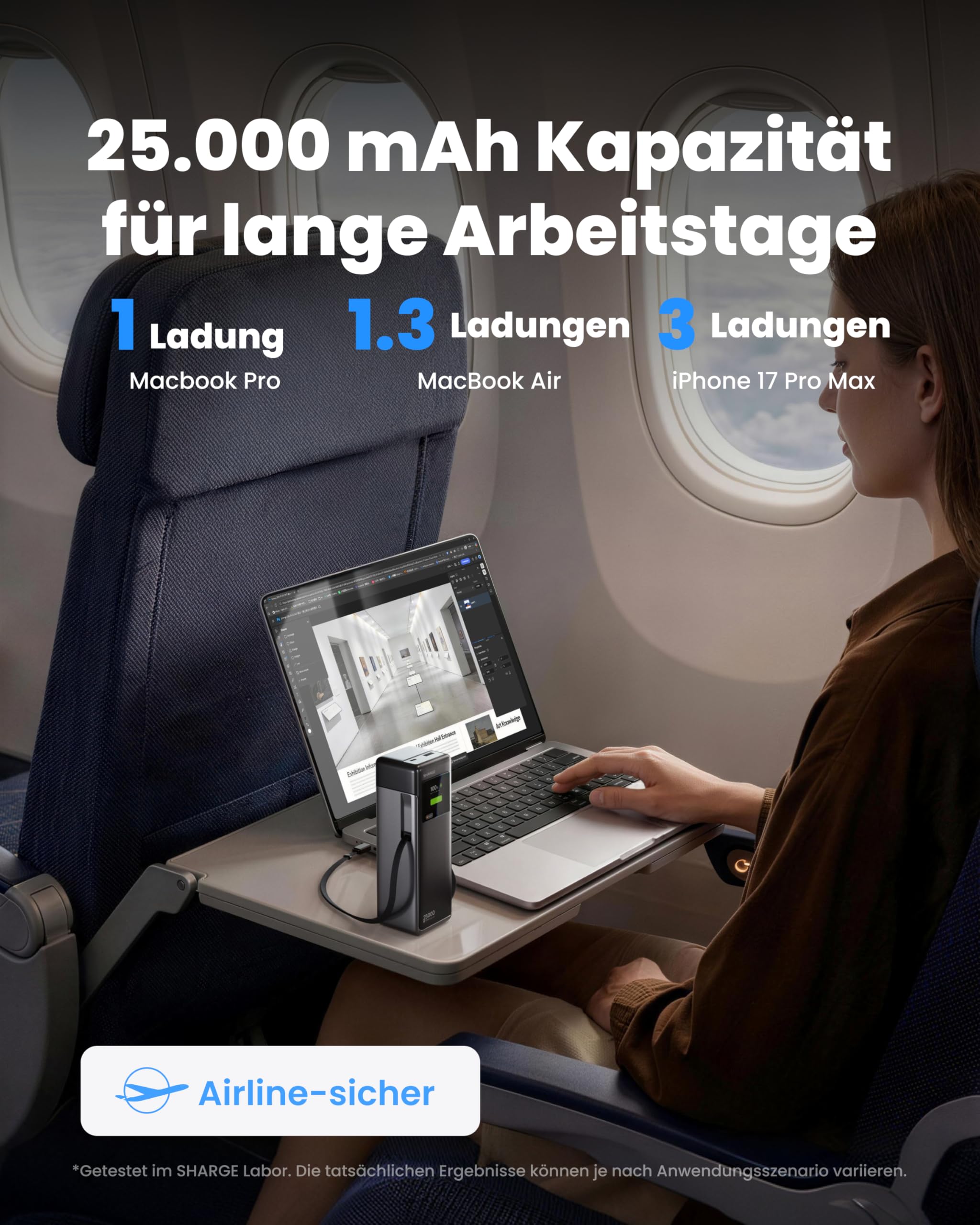 SHARGE 170W Laptop Powerbank 25000mAh mit TFT Display und 4 Anschlüssen | HyperTower 170 mit 2 ausziehbaren USB-C-Kabel, 3x USB-C + 1x USB-A, Schnellladen tragbares für Reisen/Büro für MacBook Pro