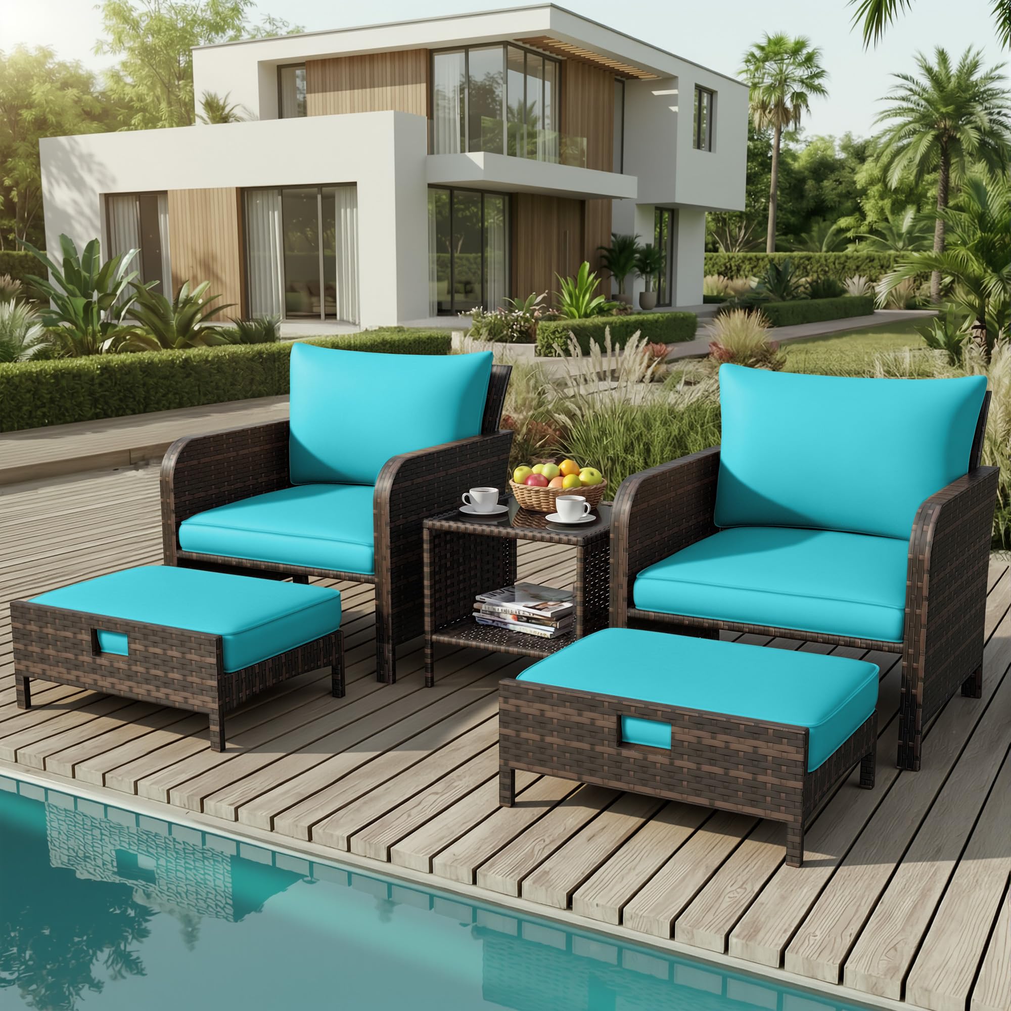 LEVELEVE Patio Conversation Set 5 Piece, Balcony Furniture Outdoor PE Rattan Wicker Lounge Chairs with Soft Cushions, 2 Ottomans & Glass Table for Porch Lawn, Brown (Khaki Cushions — view 10