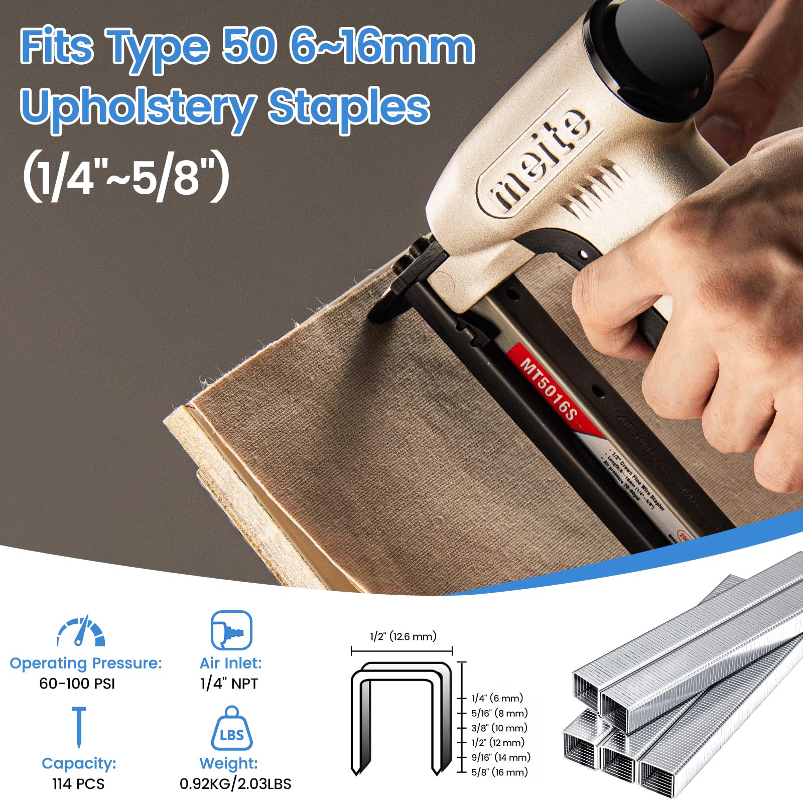 meite MT5016S - Pinzatrice pneumatica per tappezzeria, con interruttore di sicurezza per tappeti, funiture e lavorazione del legno, utilizza graffette tipo 50, lunghezza 6-16 mm