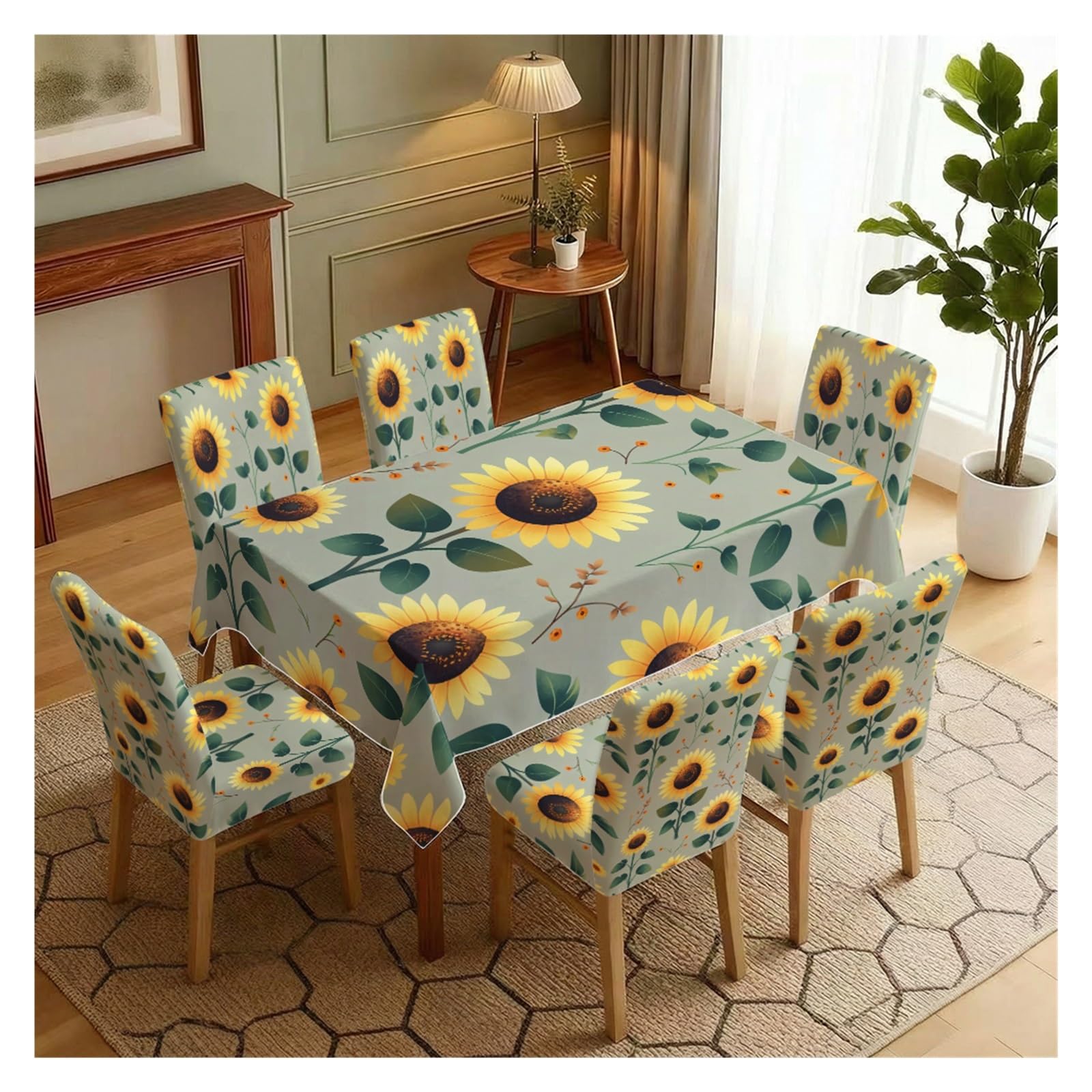 BOSUYBN Stretch Dining Chair Slipcover & Tablecloth Set, Sage Green Base Sunflower Floral Print, 5/7 Pack, Rustic Farmhouse Home Decor Table Setting(7pcs Set: Tablecloth+Chair Covers)