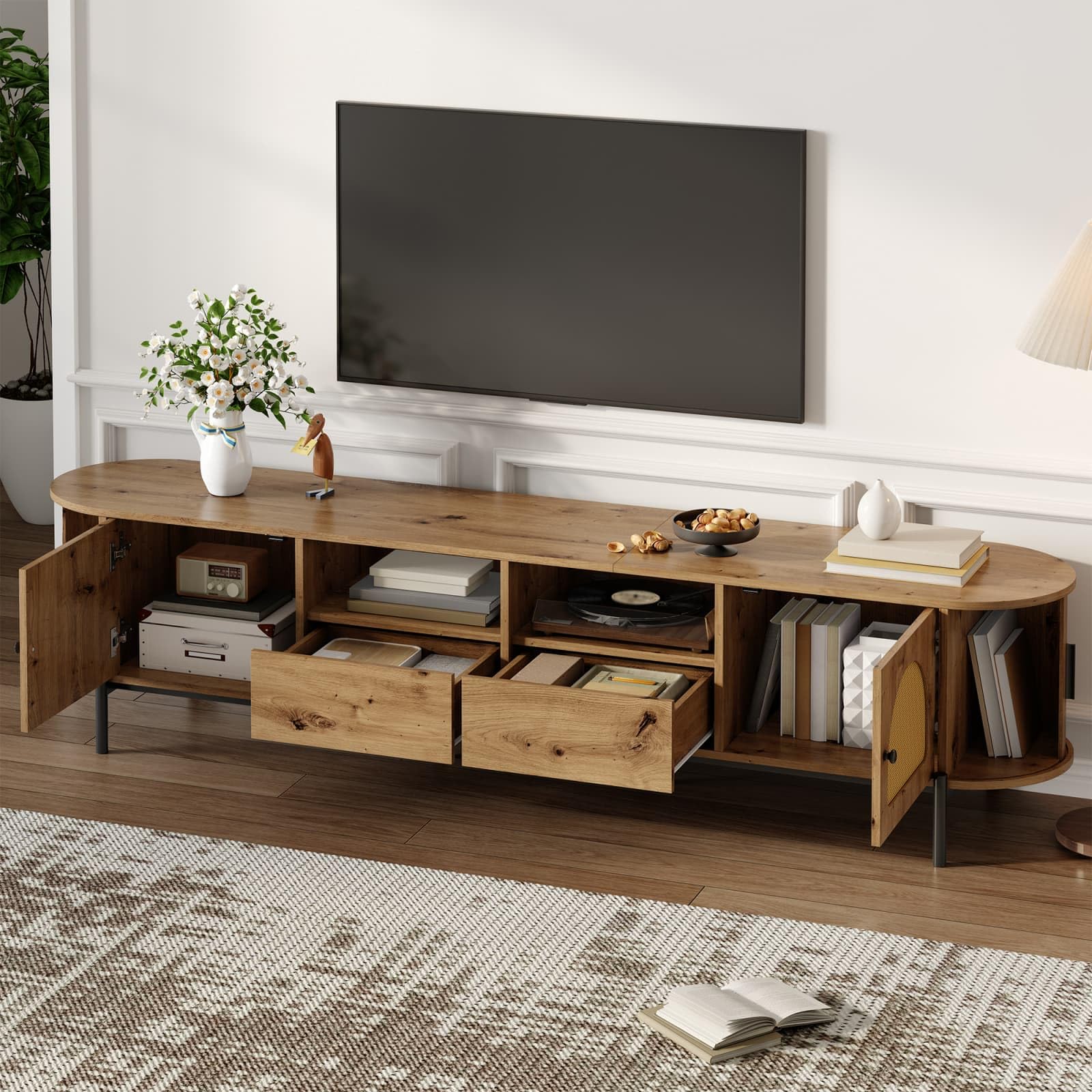 KOMHTOM Ensemble Meubles Salon 3 Pièces Meuble TV 200cm Buffet Table Basse Portes Coulissantes Effet Cannage Rotin Naturel(Bois Naturel - Effet Cannage (3 Pièces))