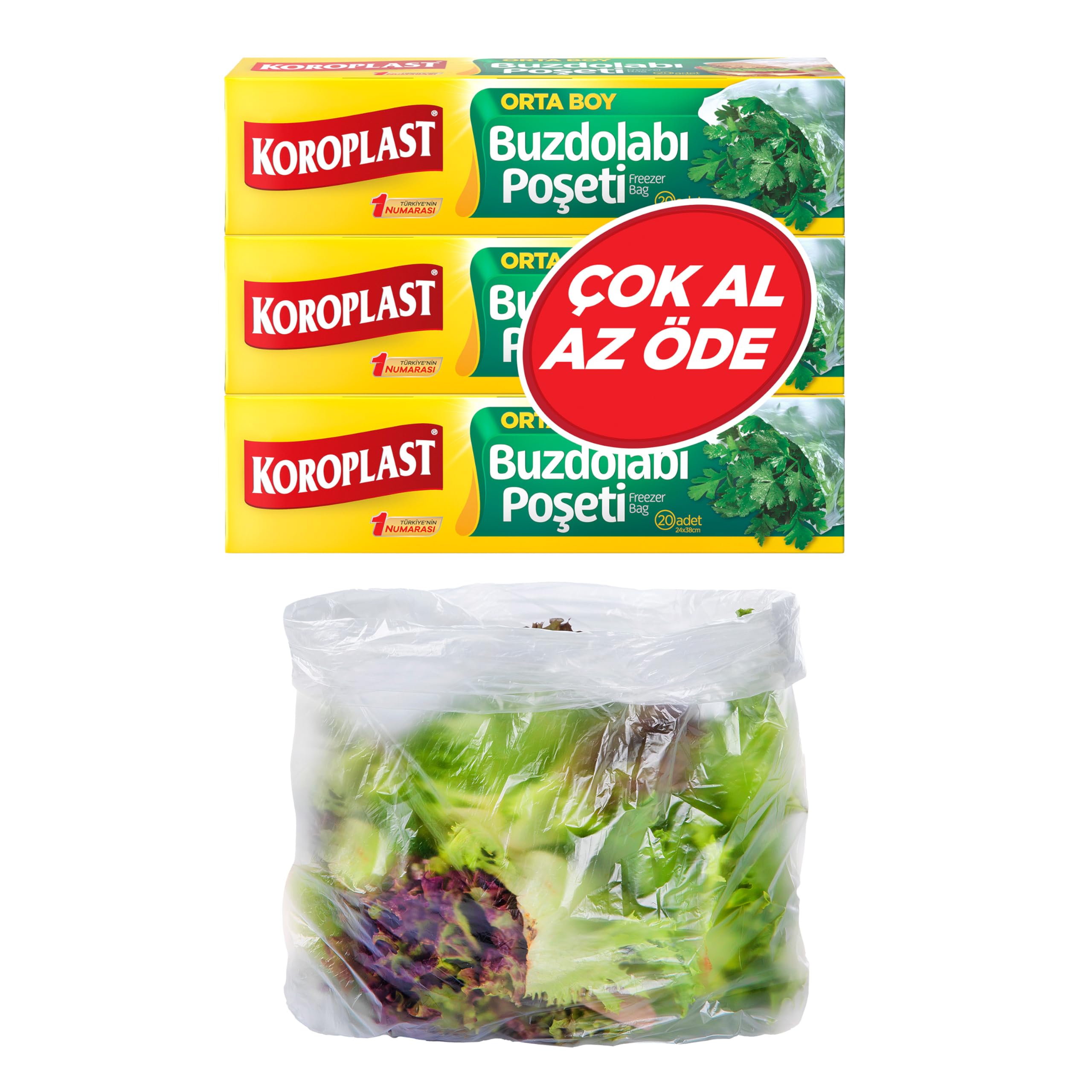 Koroplast 3'lü Çok Al Az Öde Ekonomik Paket Orta Boy 60'lı Buzdolabı Poşeti, Sızdırmaz & BPA İçermez Gıda Saklama Torbası, Et, Tavuk, Balık, Sebze, Meyve, Çorba, Sos, Peynir, Kuruyemiş, Sandviç
