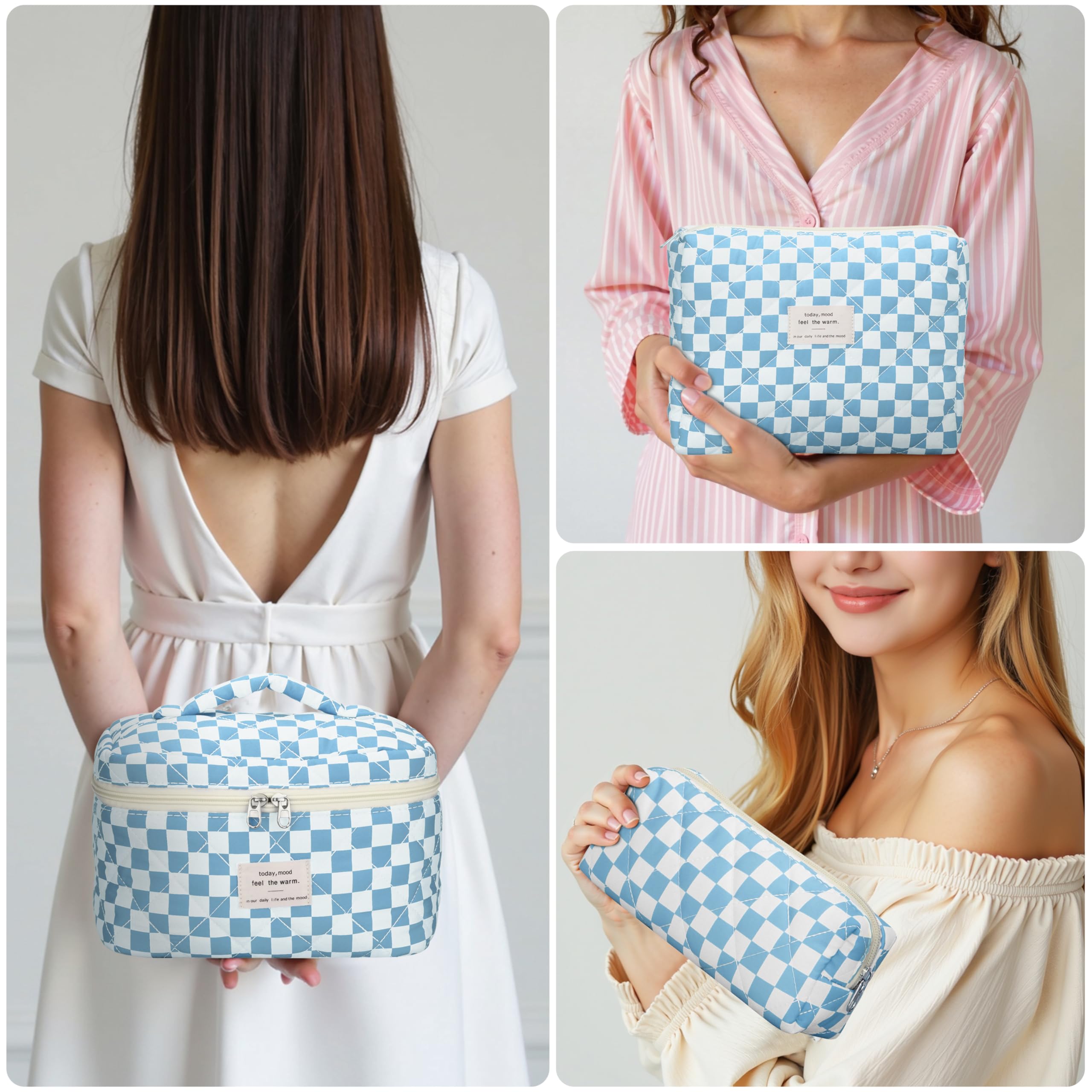 TESAFNG Juego de 3 bolsas de maquillaje acolchadas, bonitas bolsas de maquillaje de algodón floral, bolsa grande de cosméticos estética, bolsa organizadora de artículos de aseo de viaje con flores