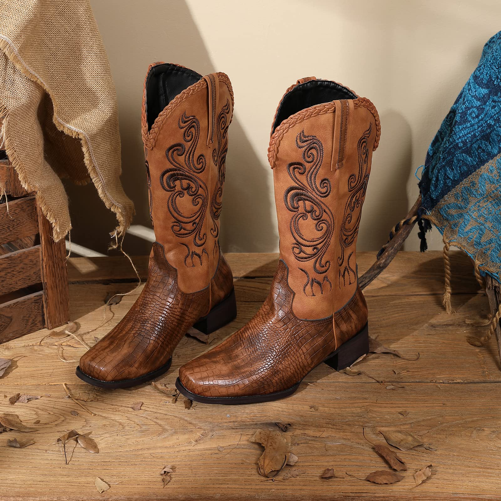 Lizoleor Botas Hasta la Rodilla de Mujer Punta Cuadrado Vaqueras Occidentales Clasico Bordado