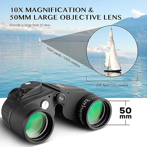 Miniatura 2 de Aomekie Prismáticos militares marinos de 10 x 50 para adultos, impermeables, con brújula de telémetro, lente FMC para observación de aves, caza,