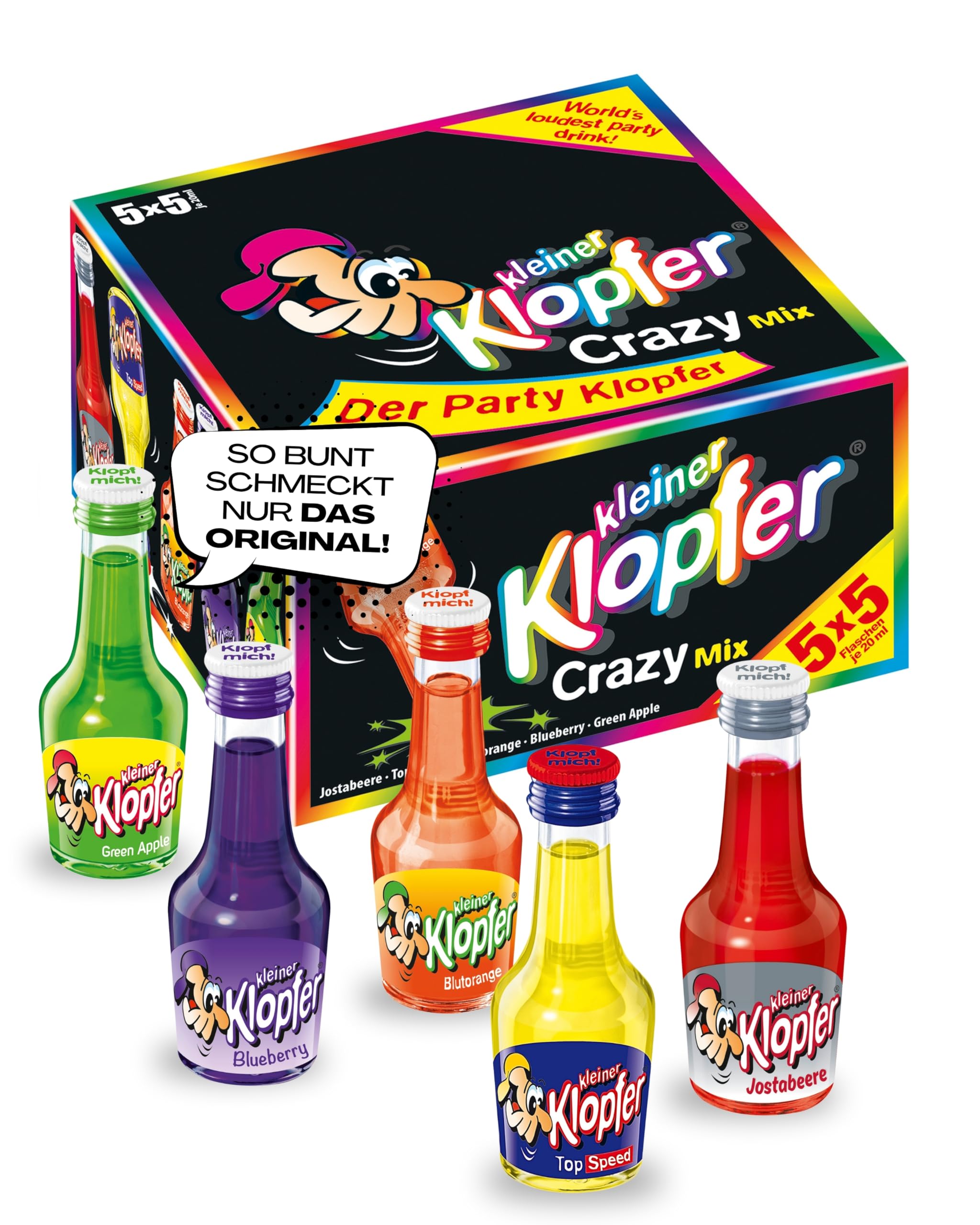 Kleiner Klopfer Crazy Mix I 25 Mini Liköre à 20 ml I 5 beliebte Sorten Green Apple, Blueberry, Blutorange, Top Speed & Jostabeere I 16 % Vol. I Likör-Mix für Geburtstag & Karneval