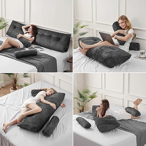 Miniatura 6 de Z-hom Almohada de cuña de tamaño queen para cabecero con 2 cojines enrollables, almohada grande de lectura para sentarse en la cama, cojín 2-Gris