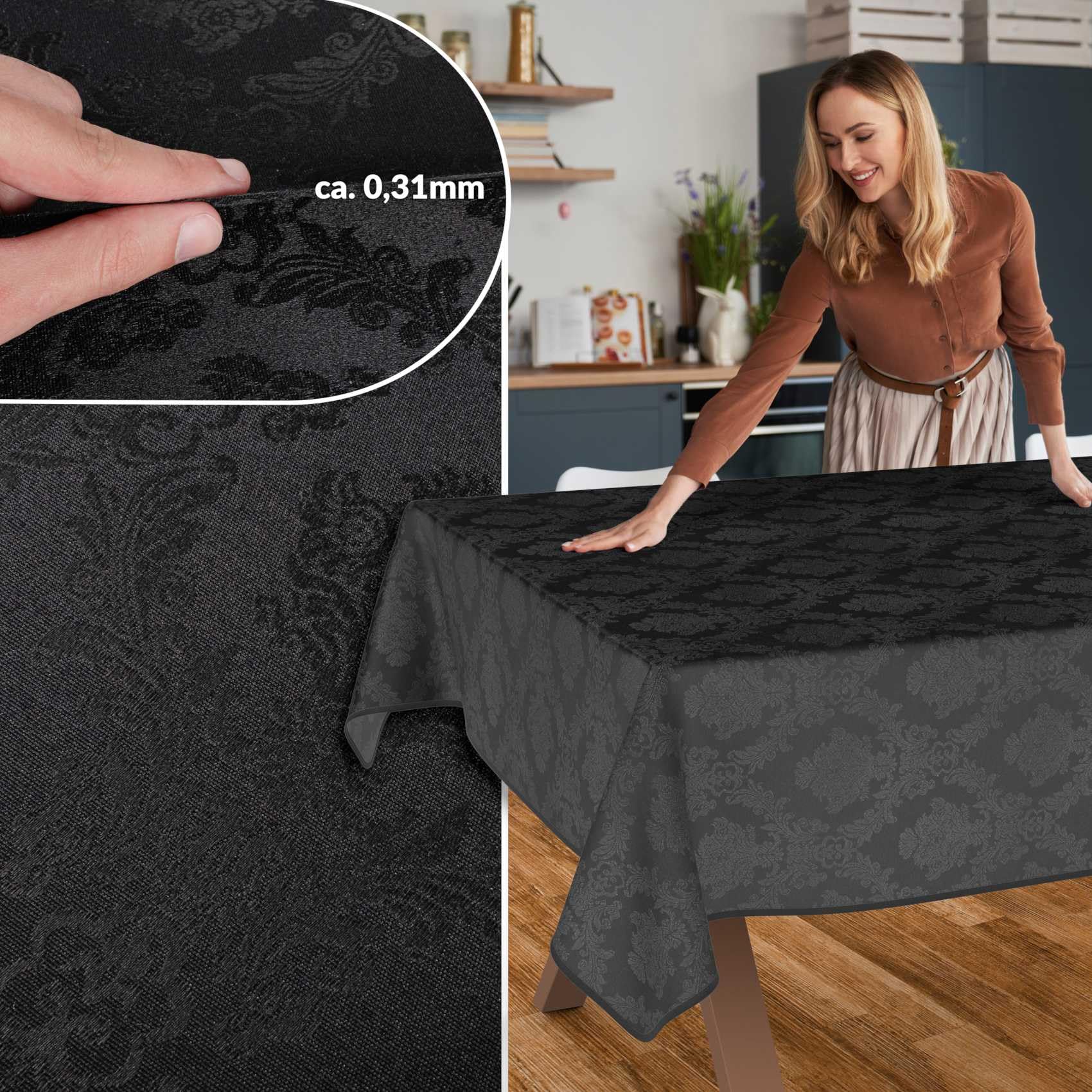 ANRO Tovaglia antimacchia Damascato barocco nero con orlo 220x140 cm