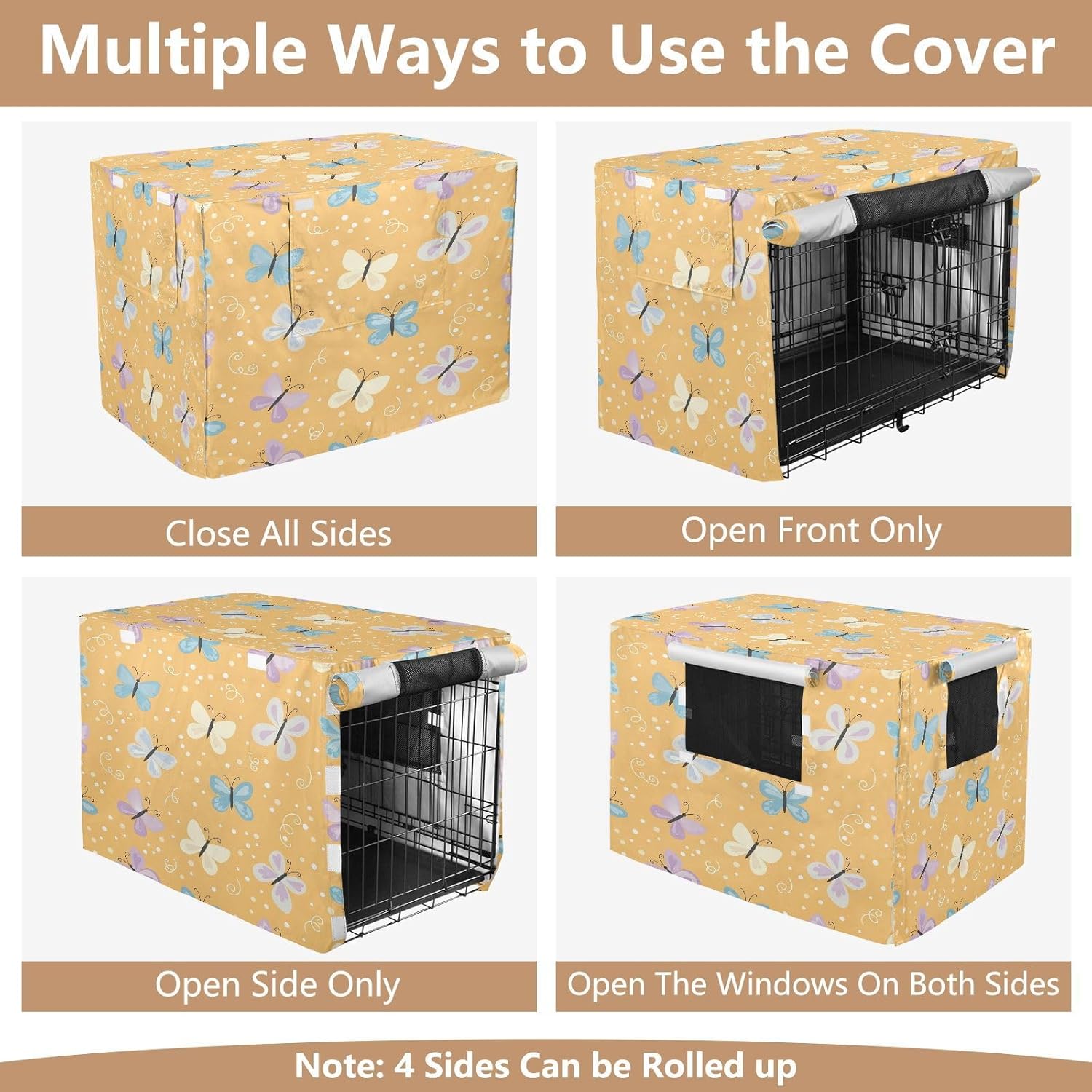 Cute Butterflies Dog Crate Cover 600D Oxford Pet Kennel Cover with Mesh Window for Dog Cages, Windproof Waterproof Machine Washable, 48"x30"x33"