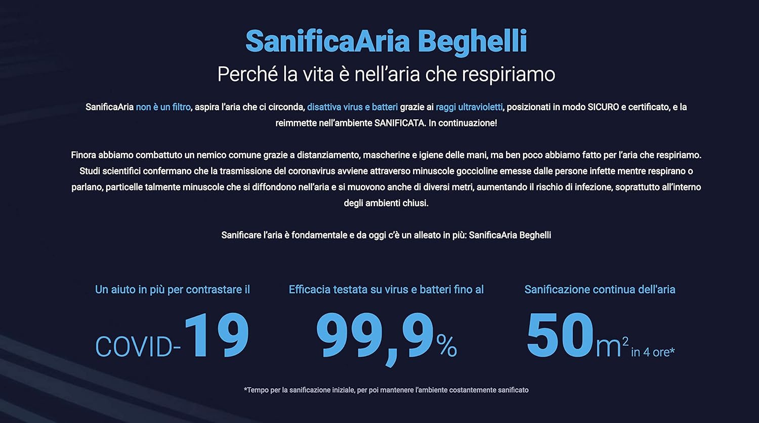 Infographic highlighting the benefits of SanificaAria Beghelli: assistance against COVID-19, 99.9% efficacy against viruses and bacteria, and continuous sanitization for up to 50m².