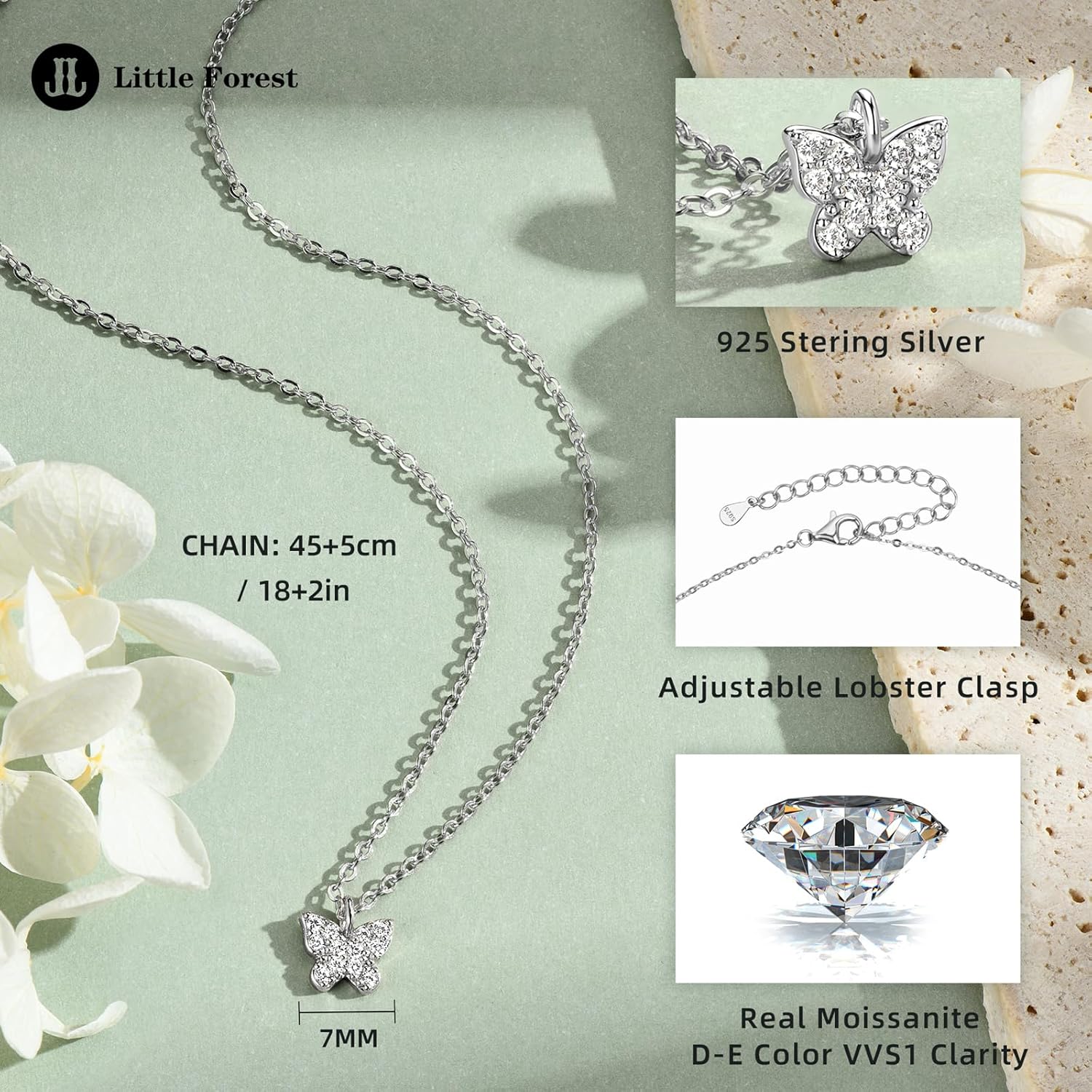 Moissanite Butterfly Pendant Necklace for Women, 18K White Gold-plated Dainty Necklaces 925 Sterling Silver Round Cut VVS1 Lab Created Imitation-diamond Jewelry with GRA Certificate of Authenticity