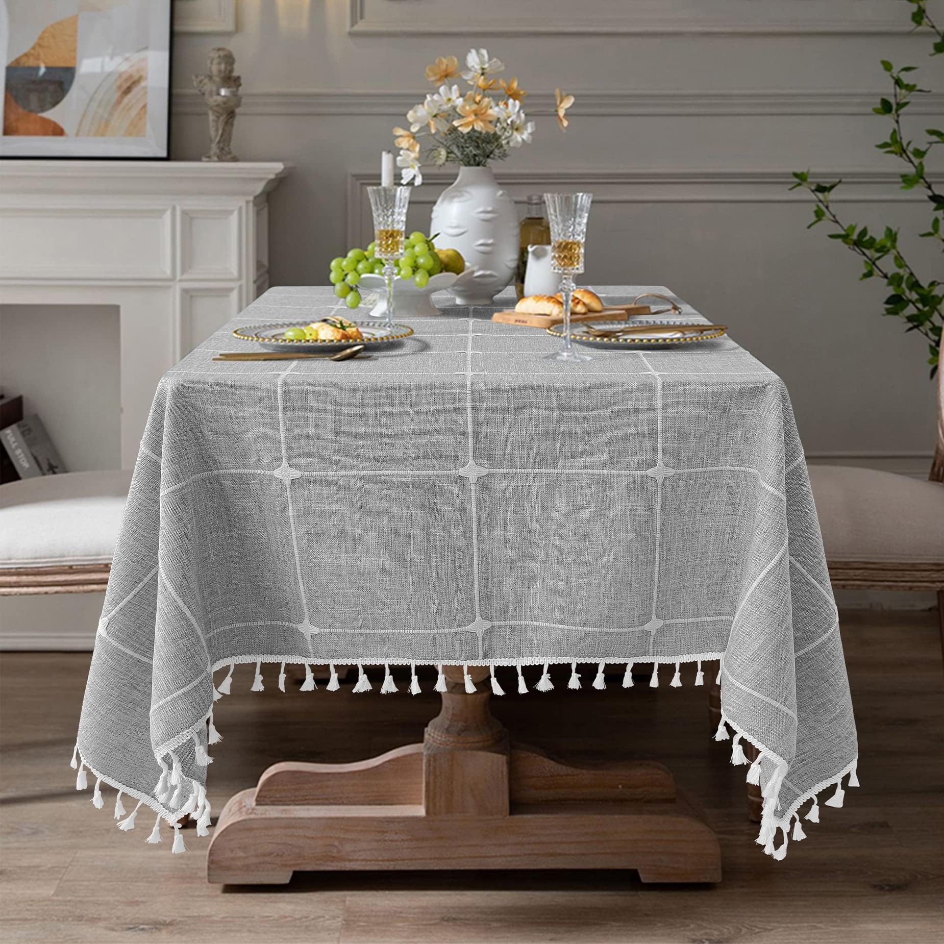 Grey Linen Tablecloths for Rectangle Tables Checkered/Striped Table Covers Heavy Duty Fabric Table Cloths for Parties, Dining Room, Holiday