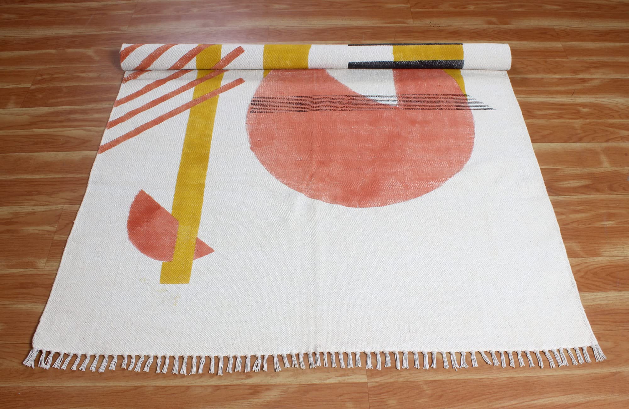 Tappeto da bagno fatto a mano, stile boho, tappeto da cucina bianco, facile da lavare, tappeto da bagno in cotone, tessuto bohemien per fattoria, nappe geometriche, camera da letto 90 x 90 cm