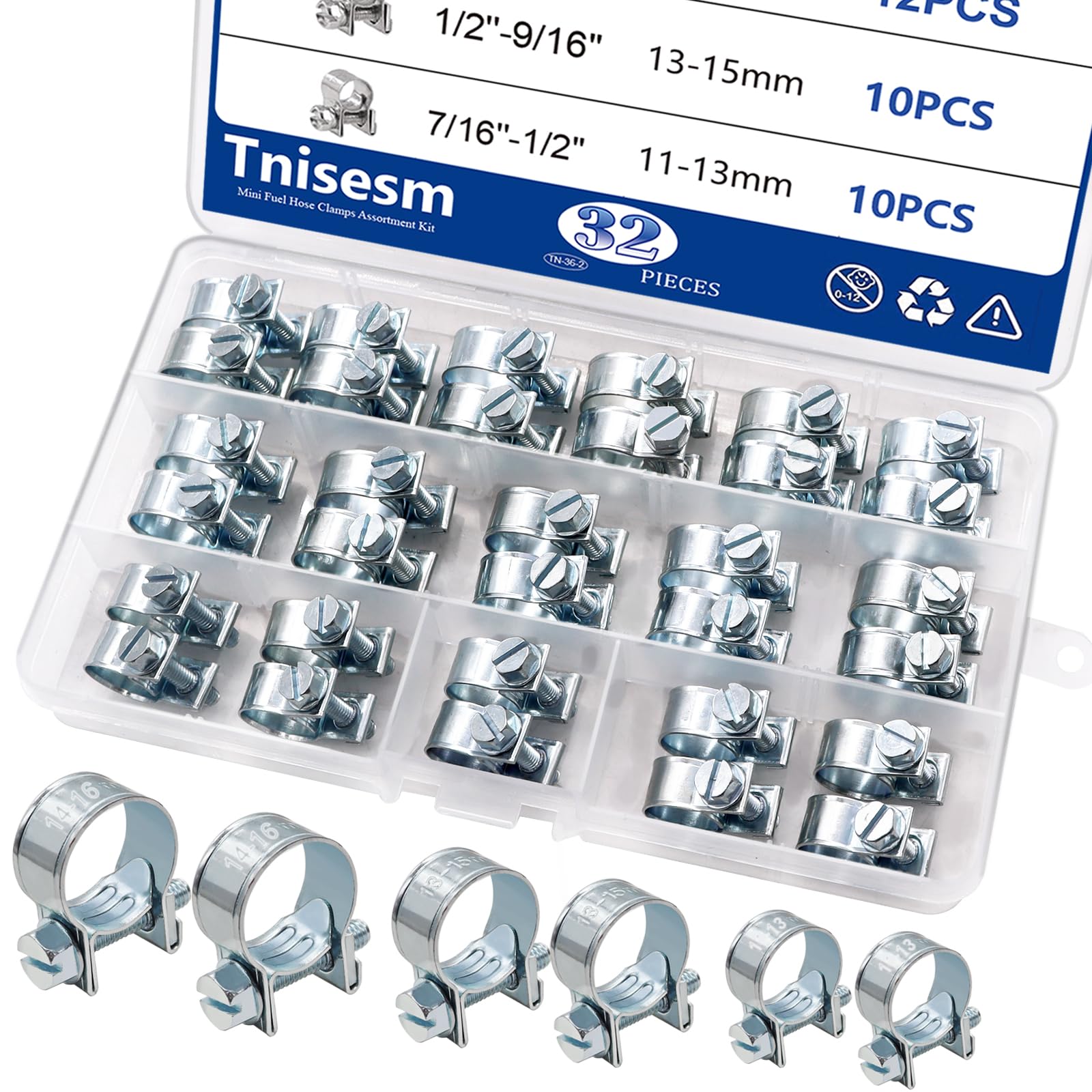 Tnisesm 32Pcs 1/4" 5/16" 3/8" Fuel Injection Gas Line Hose Clamps Clip Pipe Clamp Assortment Kit, Hoses Clamps Sleeving,for Automotive Diesel Petrol Pipe