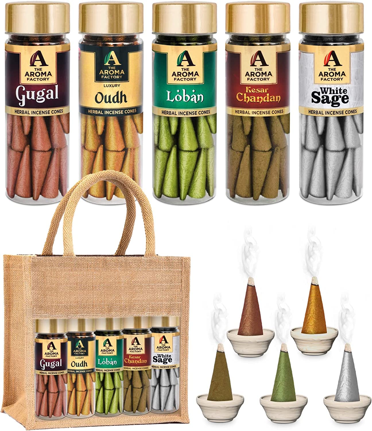 The Aroma Factory Incense Cones For Dhoop Pooja (Gugal, Loban, Kesar Chandan, Oudh & White Sage) 0% Charcoal Herbal Cone With Holder & Jute Bag, 100G X 5 Bottles