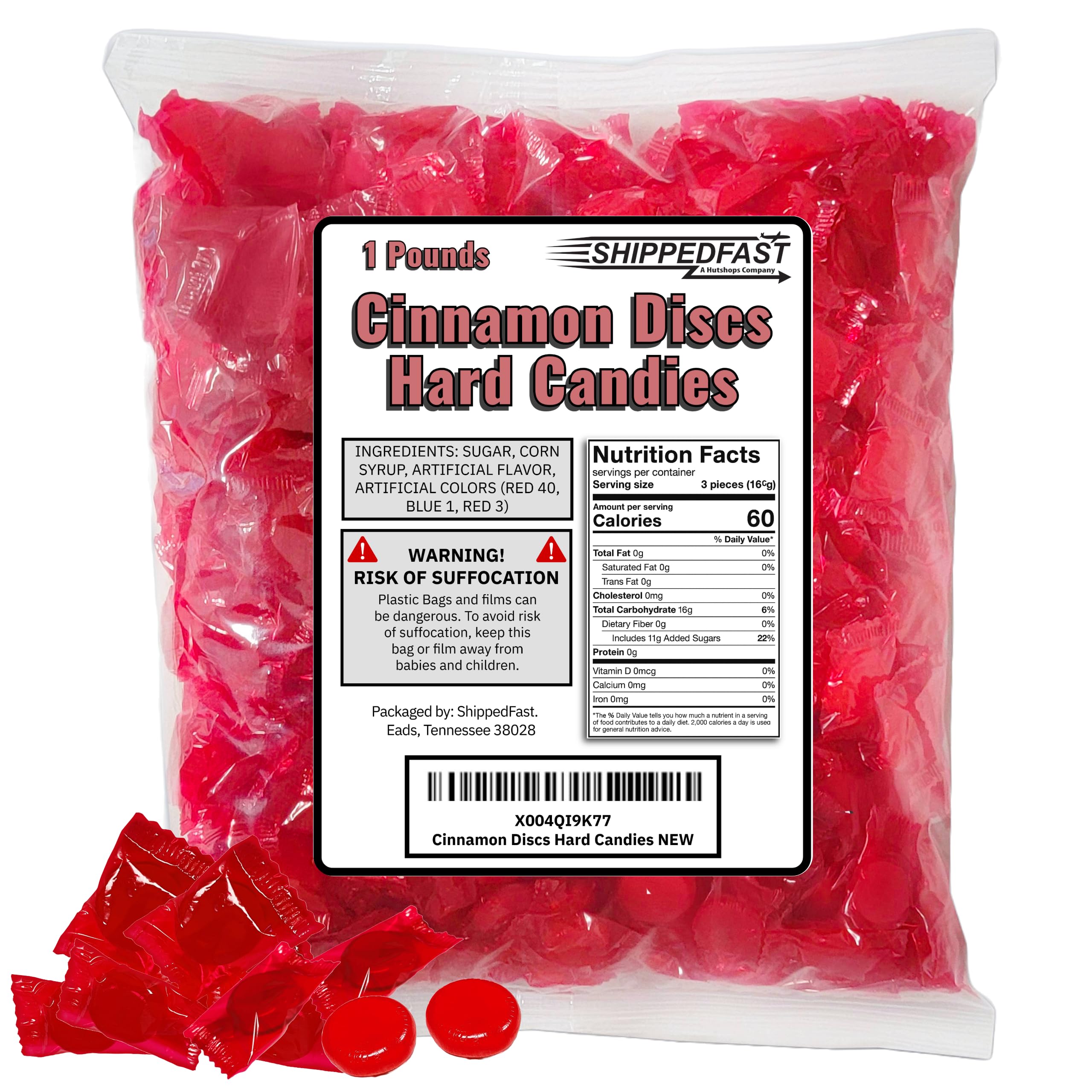 Cinnamon Discs Hard Candies - (1 Pound Bag) of Individually Wrapped Red Cinnamon Candy Disks.(16oz.)