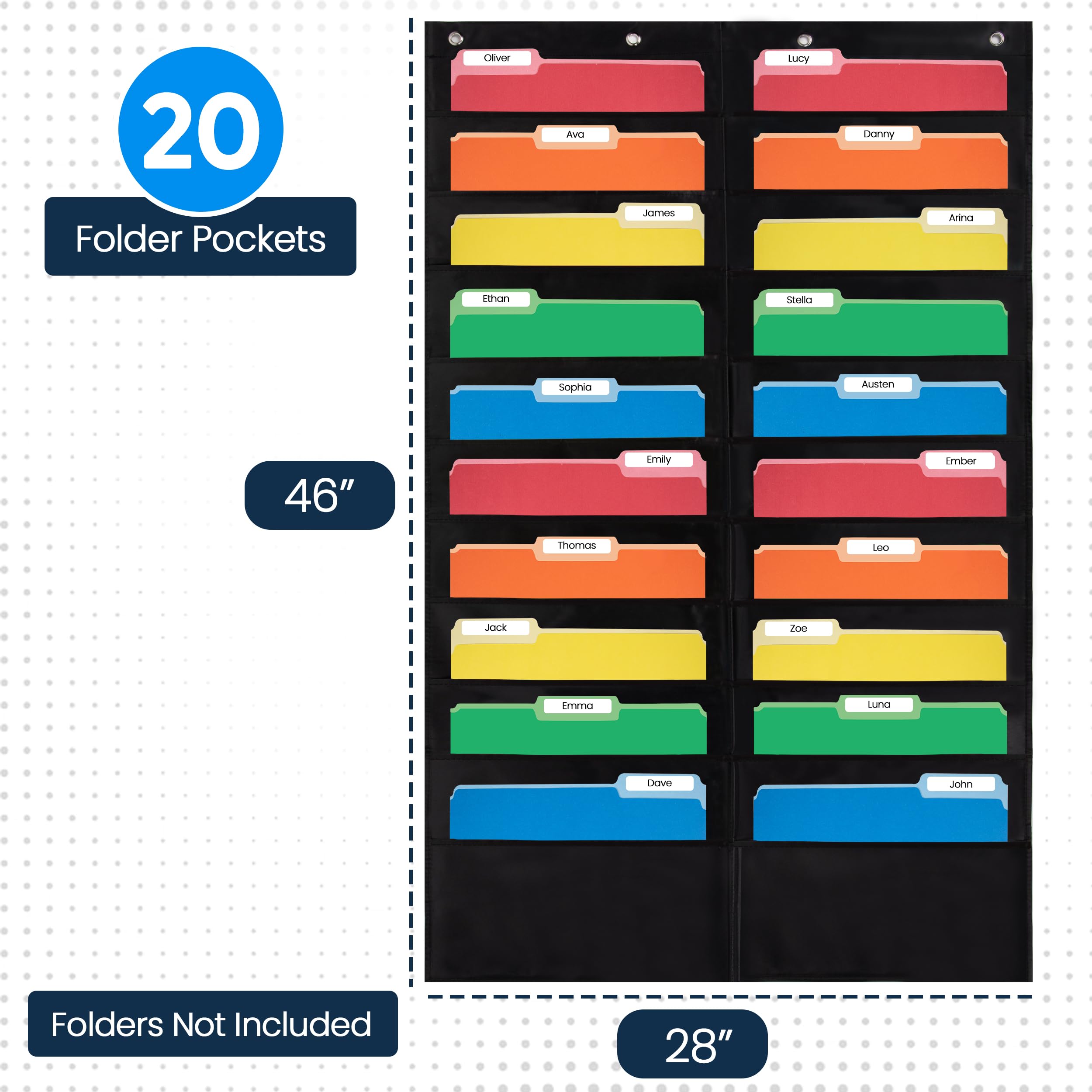 Essex Wares - 20 kieszonkowych teczek na dokumenty, czarny, 71 cm szer. x 117 cm T | Wszechstronny wiszący organizer na dokumenty do sal lekcyjnych, biur, domu i nie tylko - organizer na teczki ścienne
