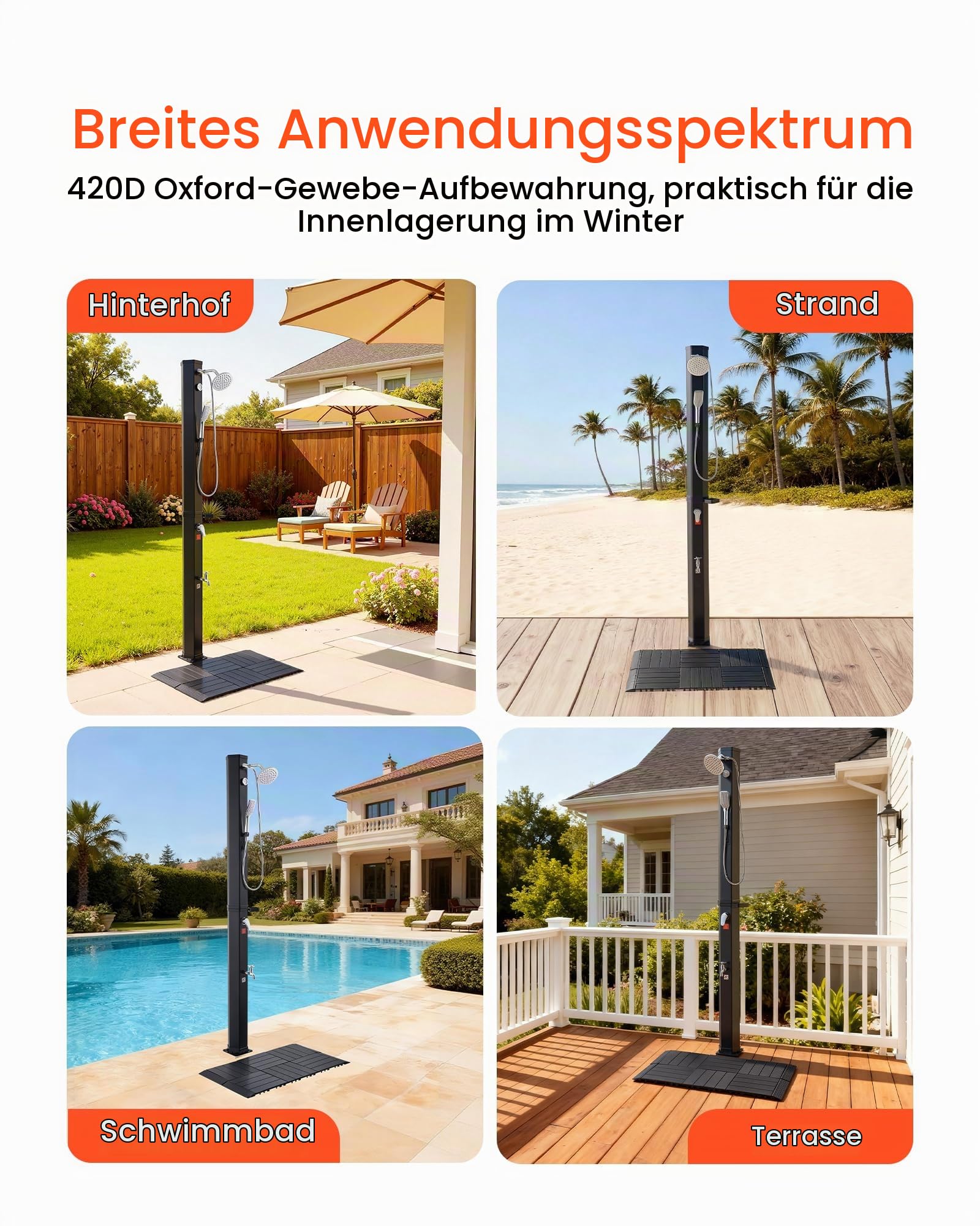 VEVOR Solardusche 40 L, Gartendusche 2290 mm, Außendusche, inkl. Bodenplatte-Set, Hand- & Fußarmatur, Warm- & Kaltwasserregulierung, Campingdusche für Garten, Poolbereich, Strandpool, Schwarz