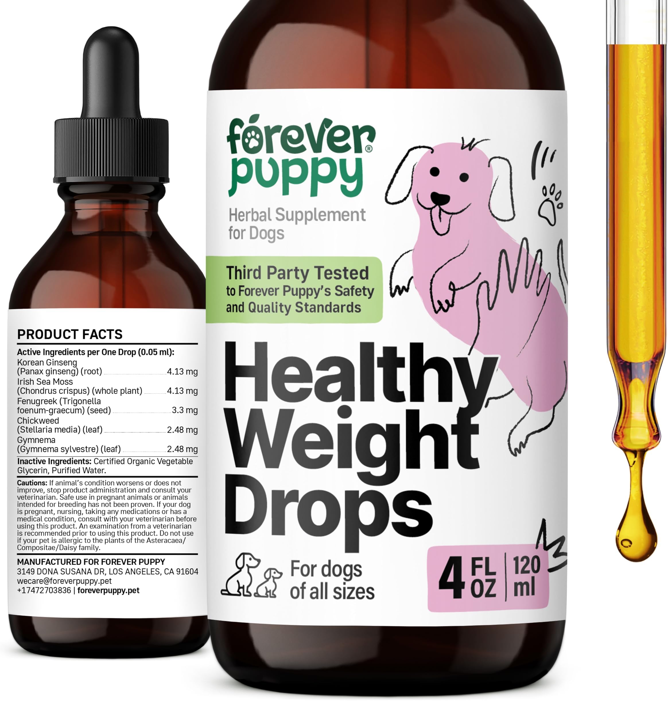 Forever Puppy Weight Management Drops for Dogs - Dog Food Supplement w/Irish Sea Moss, Ginseng & Fenugreek Nutrient Blend - Energy Support for All Breeds & Sizes - 4 fl oz