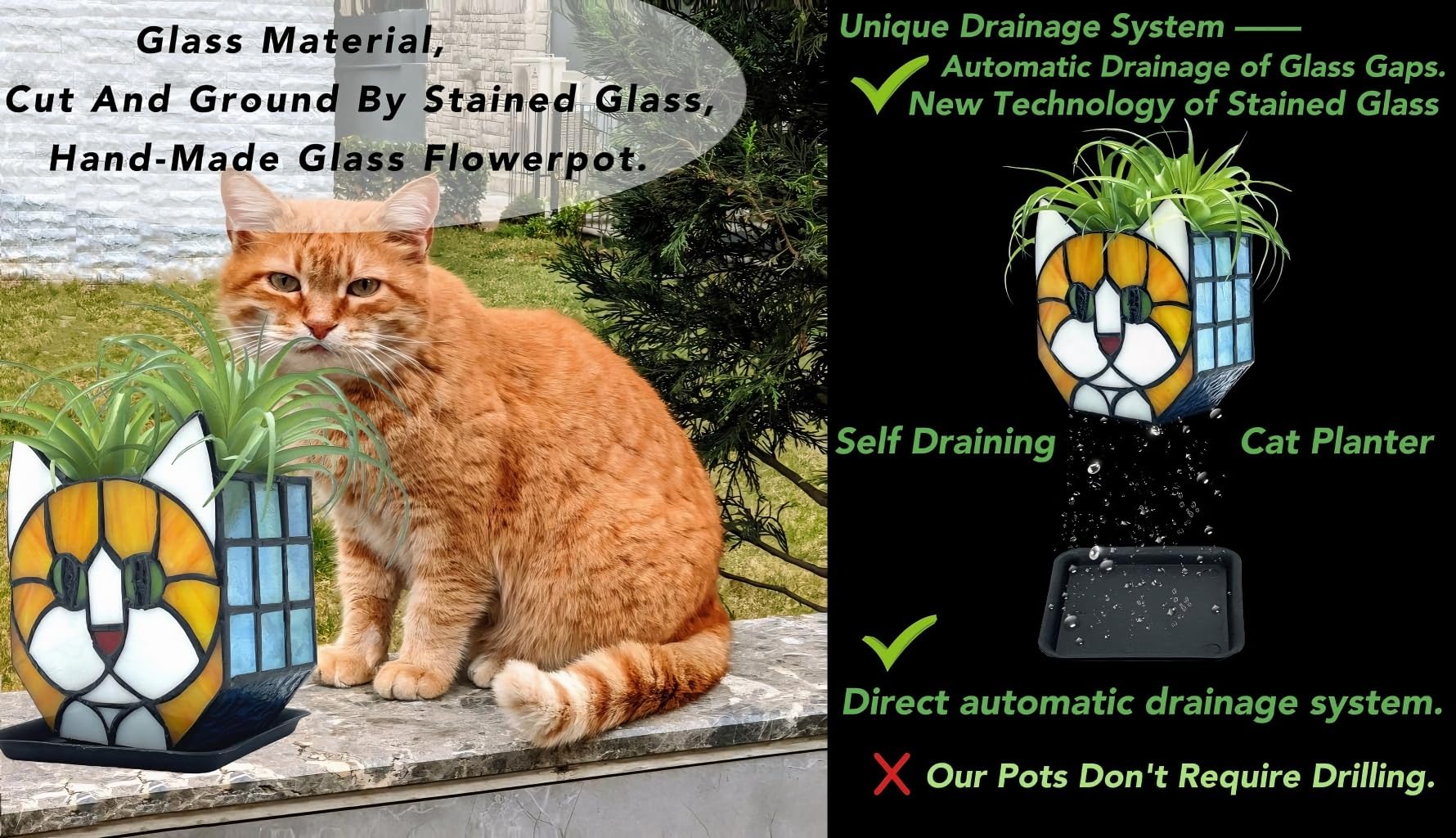 Tiffany Cute Cat Stained Glass Flower Pots,Indoor and Outdoor Plant Displays,Cat Plant Planter,Candle Holder Container Decoration 4.6 x 5.15 x 2.3 inch(11.7 x 13.1 x 5.8 CM)(Without Succulents)Black