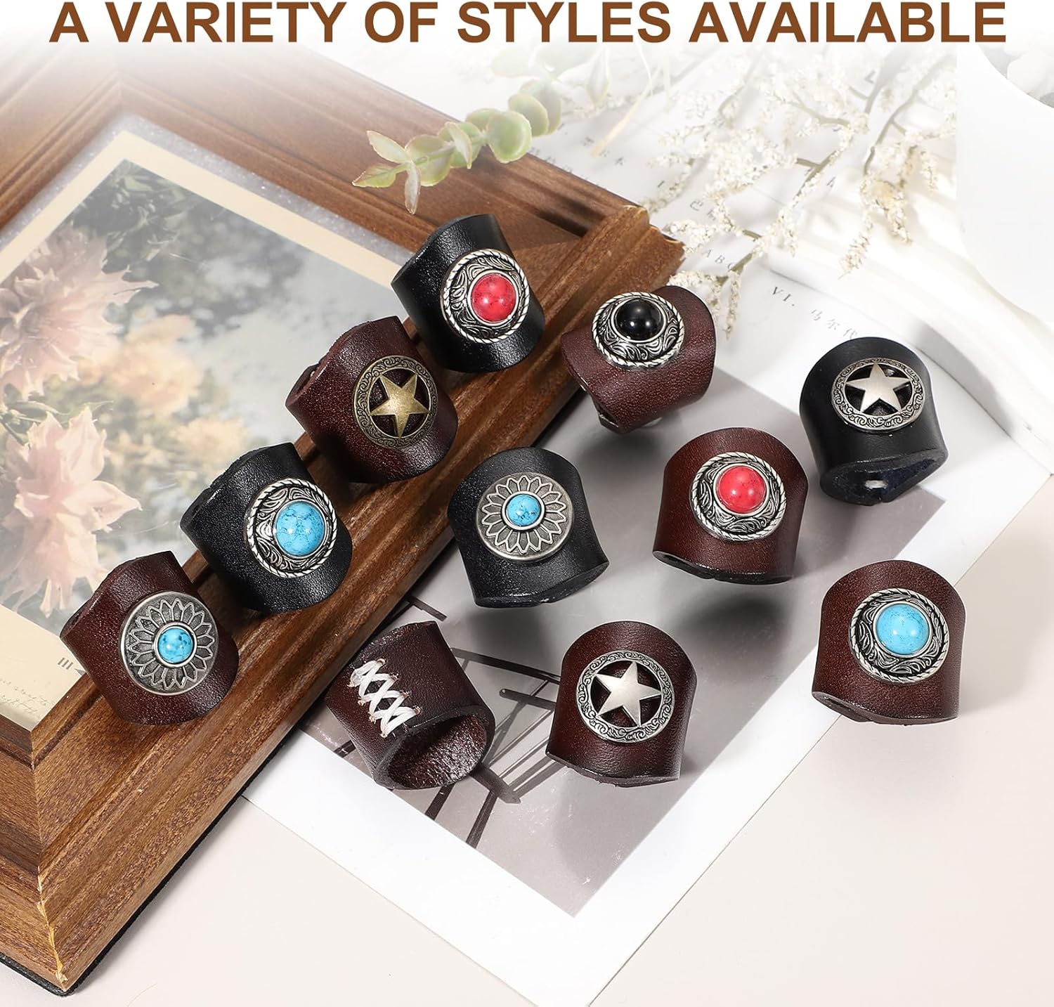 PATIKIL Western Bandana Scarf Ring, Men Square Handmade Leather Sunflower Gem Scarf Slide Ring for Men Scarves