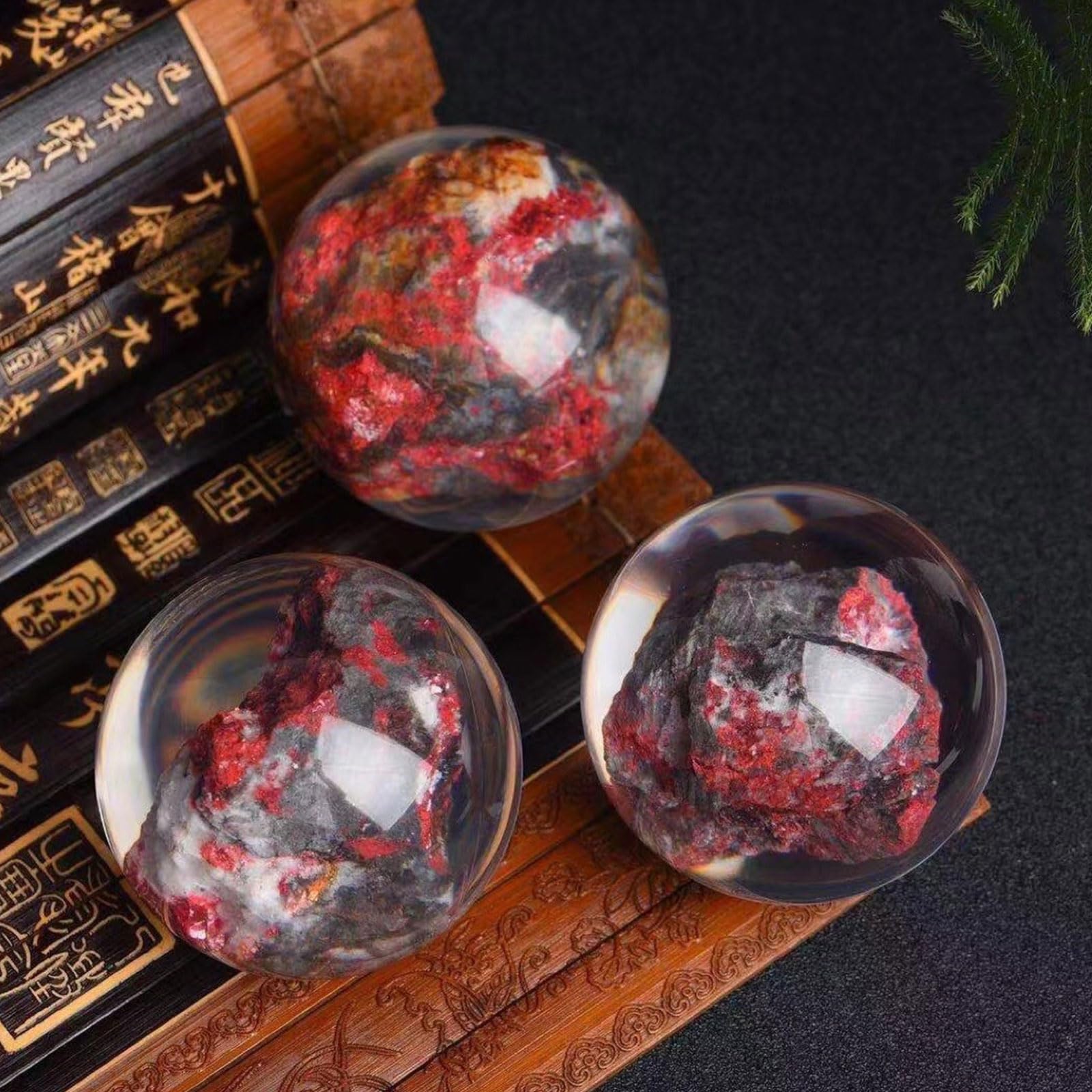 Gran Bola de Cristal de curación - Sphere de ornamería de Cuarzo Natural Cinnabar - Decoración de Piedra Pulida con Soporte de Madera para la adivinación y decoración del hogar,10cm/3.9"
