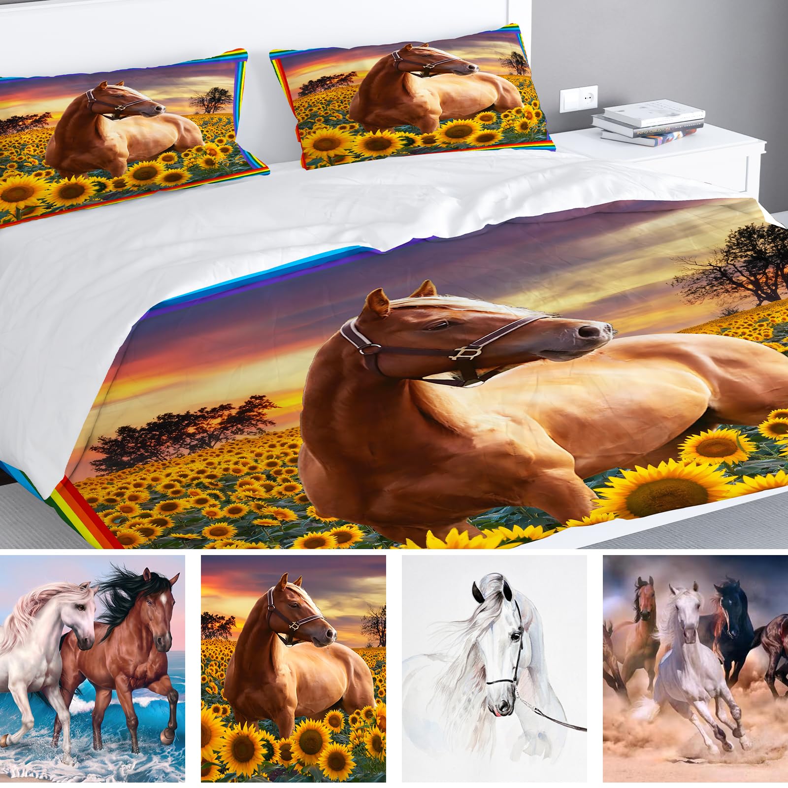 Set Biancheria Da Letto Motivo Cavallo - Copripiumino 135x200 Cm + Federa 80x80 Cm In Cotone - Foto 8