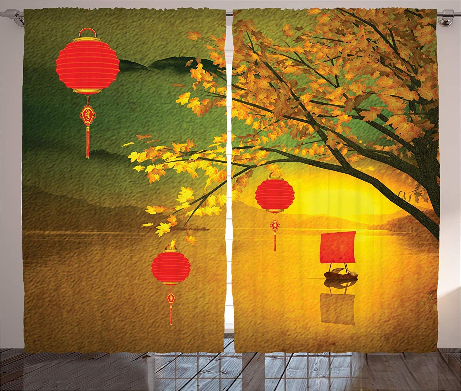 FAFANIQ Lantern Curtains, Traditional Chinese Lanterns Hanging from Pale Fall Trees Lake Faded Nature Photo, Living Room Bedroom Window Drapes 2 Panel Set, Yellow Green，57 * 47 inch