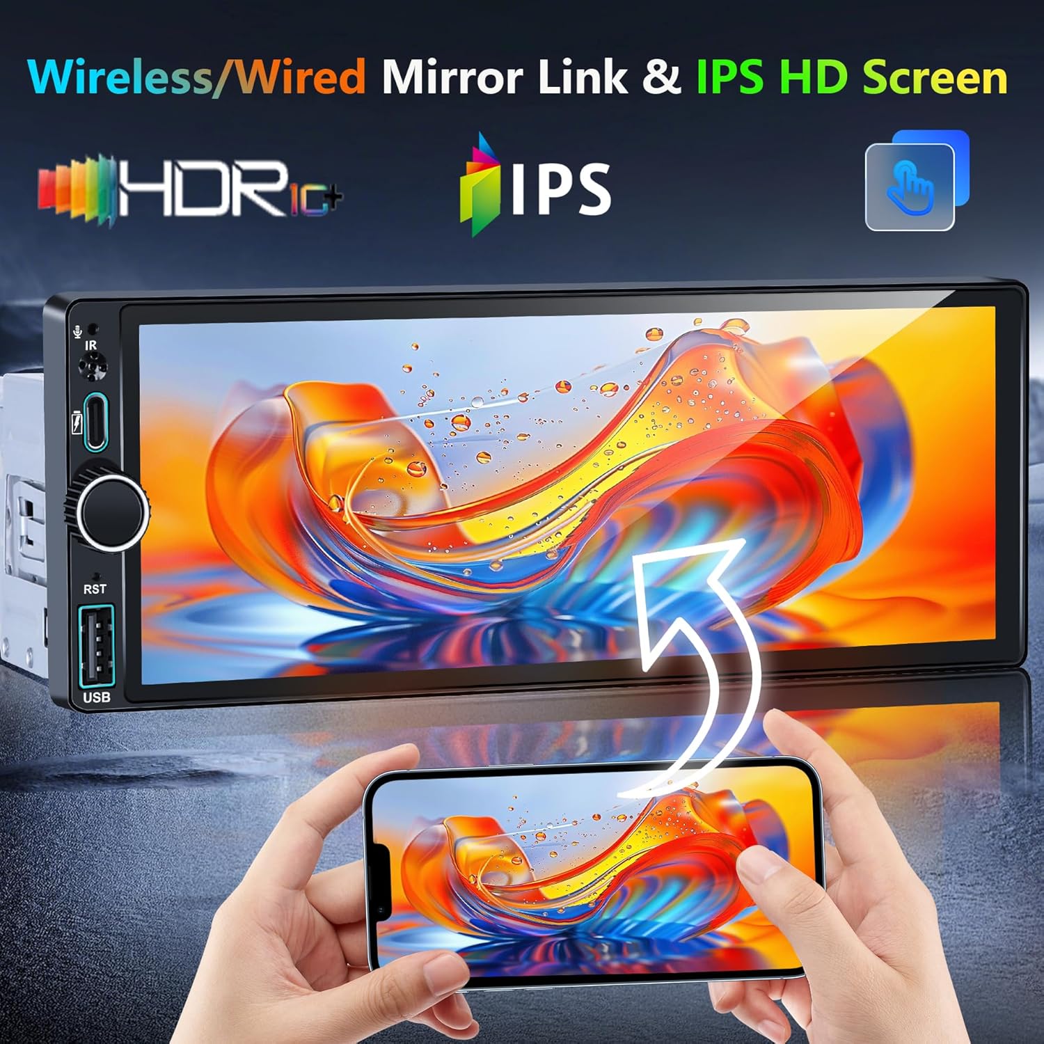 Single Din Car Stereo with Wireless Mirror Link & Apple CarPlay & Android Auto, 6.9" IPS Touchscreen Bluetooth 6.0, Single Din Car Radio with Backup Camera, GPS Navigation, USB/Type-C, FM/AM, EQ