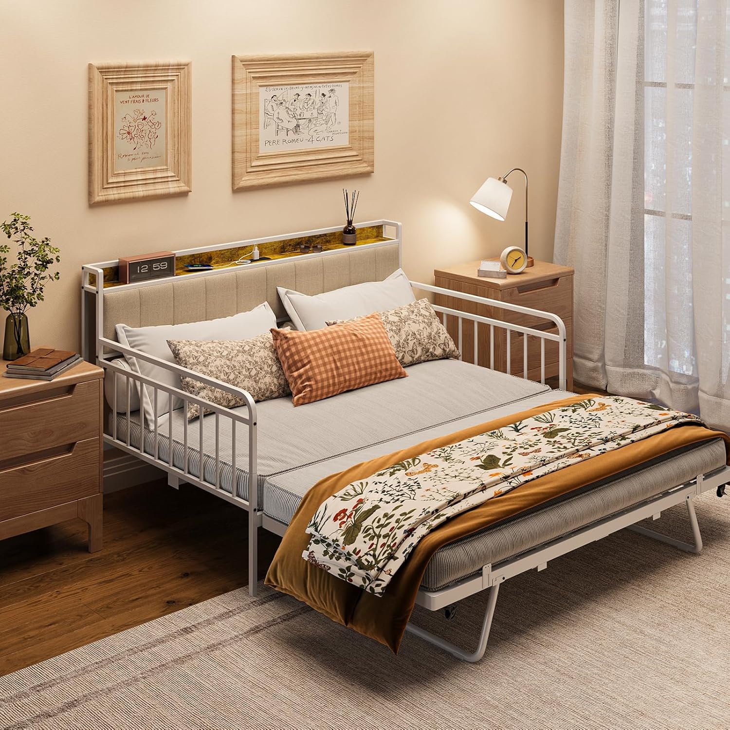 Gizoon Daybed with Trundle, Full Bed Frame with Upholstered Headboard and Charging Station, Sturdy Metal Sofa Bed with Steel Slat Support for Living Room, Bedroom and Guest Room, Beige