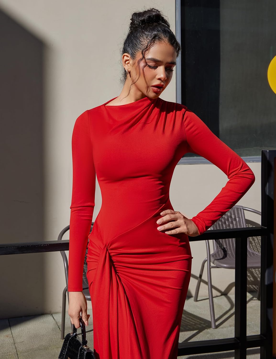 YMDUCH Women's Casual Long Sleeve Boat Neck High Split Ruched Bodycon Long Formal Dress - Image 3