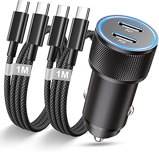Cigarette Lighter USB C Car Charger, 60W PD Car Charger USB C Car Charger Plug PD Quick Charger Car Adapter with 2x USBC Charging Cable for Samsung S25 S24 Ultra S23 S22, iPhone 16 15 Pro Max