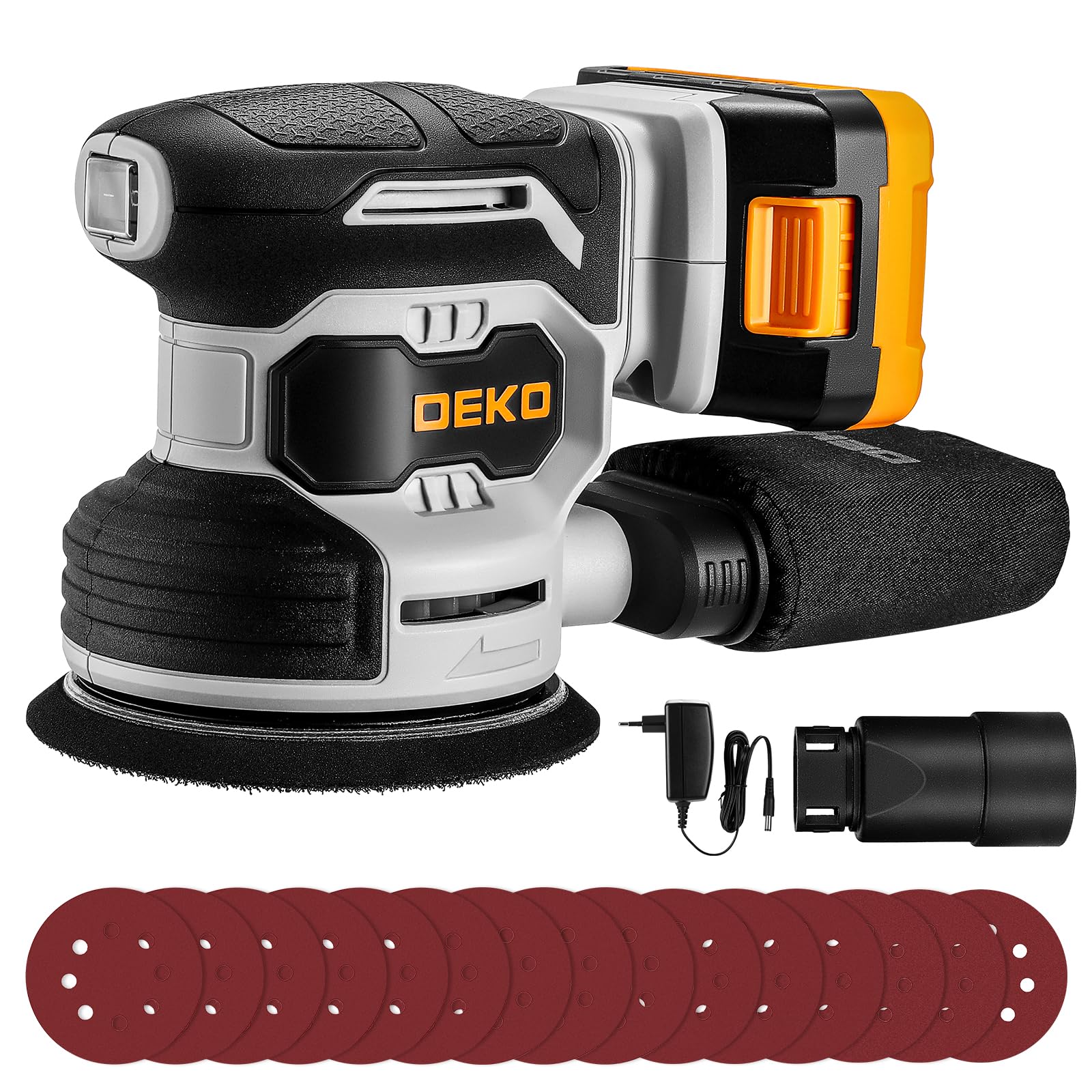 Levigatrice Orbitale a Batteria: DEKOPRO Levigatrice Rotorbitale con 1 Batteria 2000mAh, Orbitale per Legno da 125 mm, 13000 RPM, con Sacchetto per la Polvere e 15 Fogli di Carta Vetrata