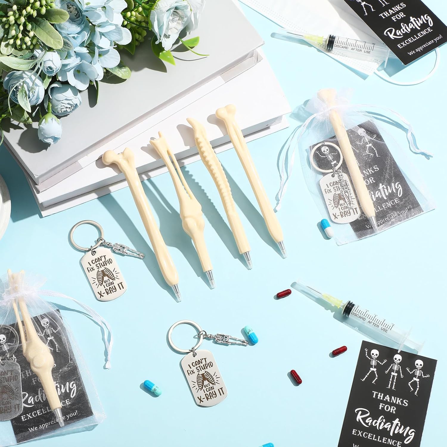 Sayglossy 10 Set Radiology Xray Tech Gifts Funny Bone Pens 4 Styles Novelty Bone Shape Ballpoint Pens X-Ray Tech Keychains Radiography Keychains Appreciation Cards with Bag for Rad Nurse Doctor