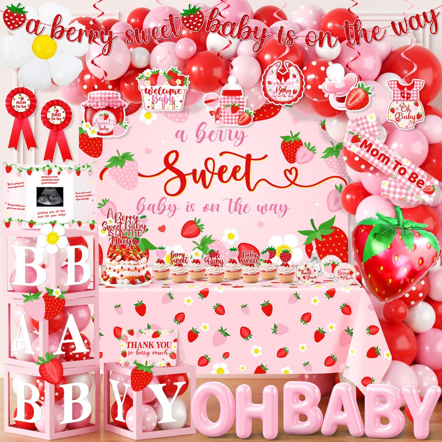Strawberry Baby Shower Decorations, Berry Sweet Baby Shower Backdrop Banner Tablecloth Balloon Cake Topper, It's a Girl Gender Reveal, A Berry Sweet Baby Is On The Way Decorations for Girl, Serves 24