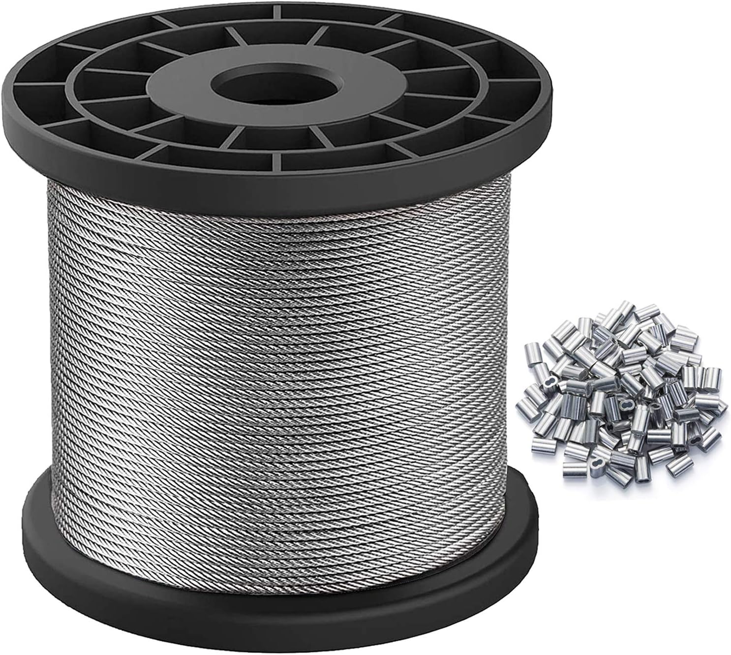 REKOBON 1/16 Wire Rope, 304 Stainless Steel Cable, 328ft Length Aircraft Wire, 7x7 Strand Core, 368 lbs Breaking Strength With 100 Pcs Cable Ferrule (for 1/16)