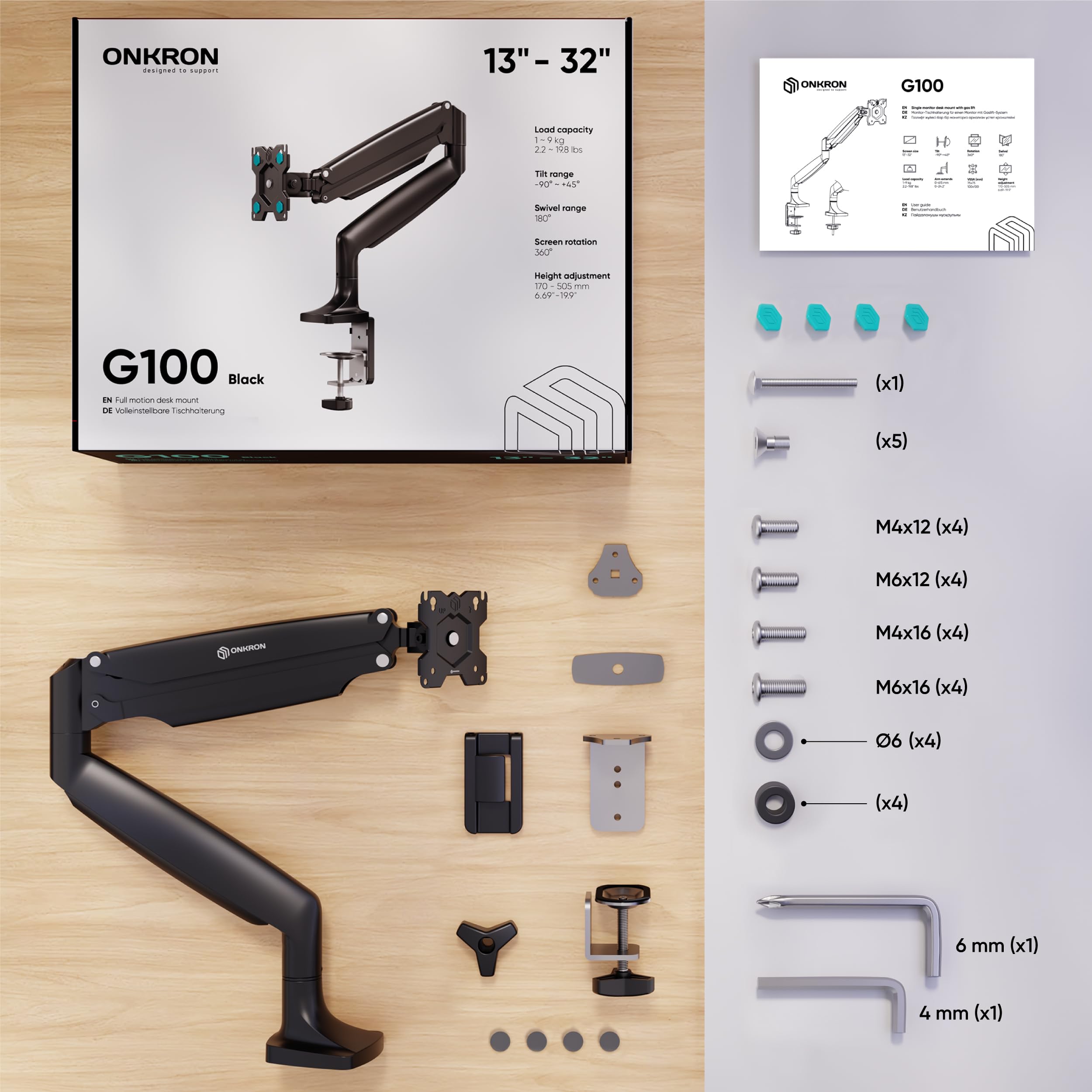 ONKRON Support Ecran PC pour 13-32 Pouces Charge 9 kg, Bras Articulé Écran VESA 75x75 & VESA 100x100, Support Écran Rotatif, Bras Ecran PC Bureau Ressort à Gaz, Monitor Arm Orientable Noir G100-B