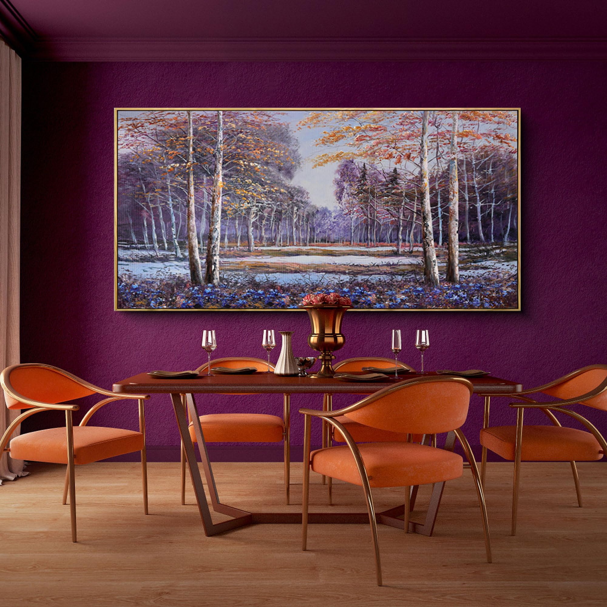 KLAKLA Purple Wall Art - Blue and Orange Nature Scenery Tree landscape Wall Decor Living Room Bedroom Forest Pictures Framed Artwork for Wall Blue Flower Wall Art