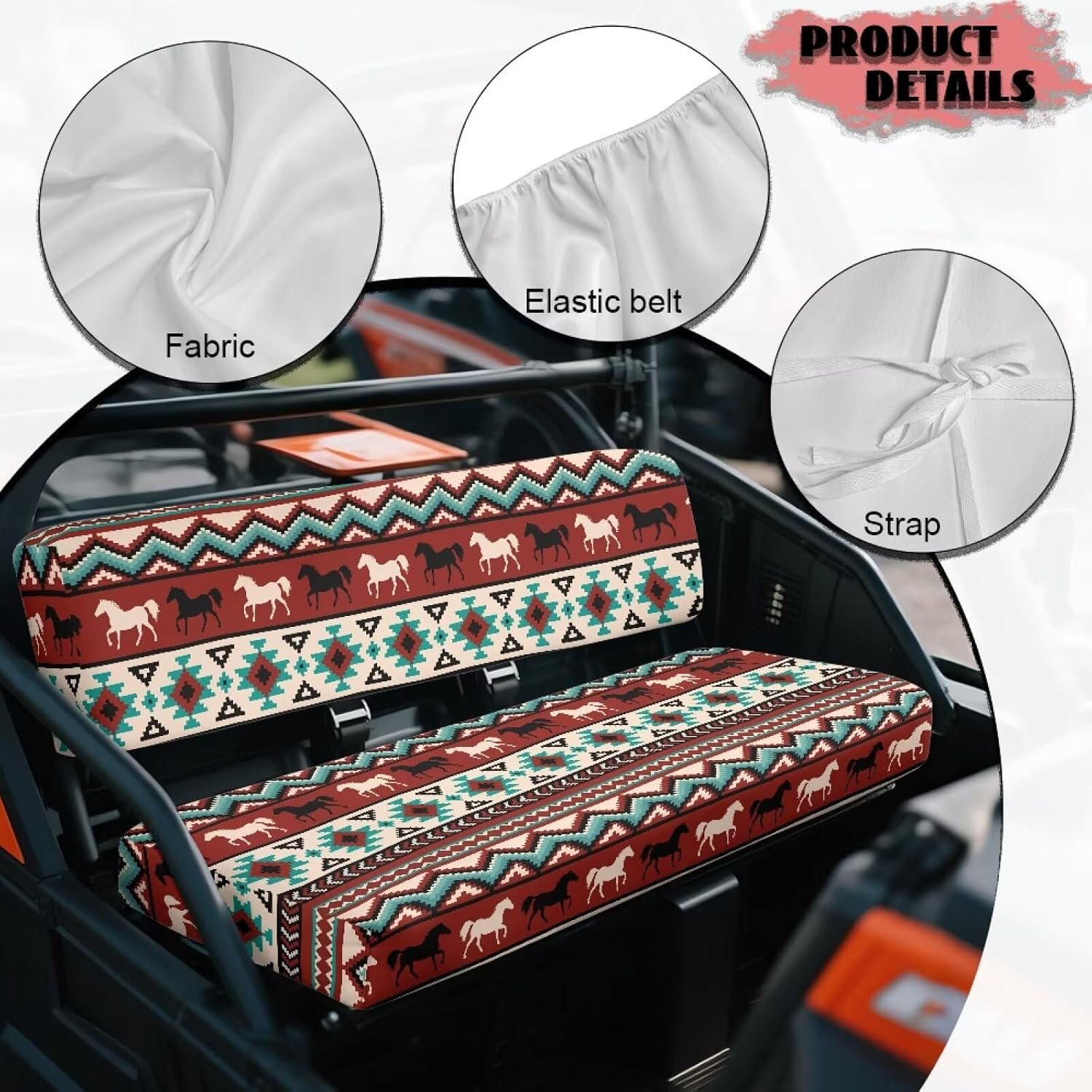 Pensura UTV Seat Covers Set Full Protection Seat Pad Cover for Kawasaki Mule 3000 3010 3020 4000 4010 2001-2024, UTV Bench Seats Cover Accessories - Red Western Horse Tribal Aztec