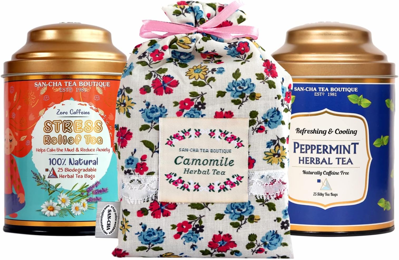 Sancha Tea Boutique,Stress Relief Bundle Caffeine free Herbal Tea, Stress Relief Tea, Chamomile Tea, Peppermint Tea,100% Biodegradable Tea Bags, Tea Assortment, Value Pack