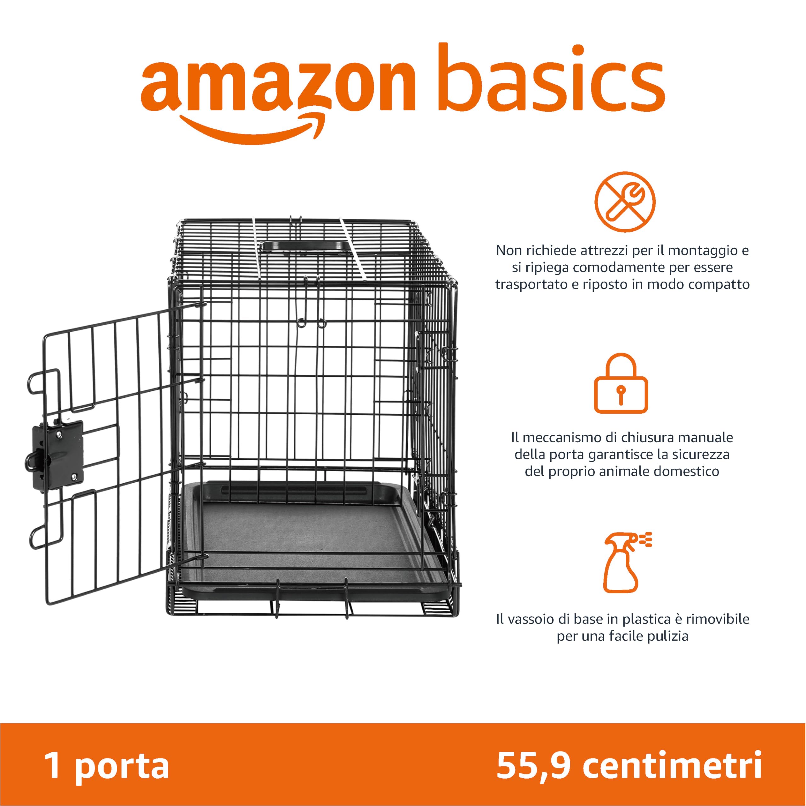 Amazon Basics Gabbia per cani in metallo, Pieghevole,Rimovibile, con vassoio di base e sportello singolo, Nero, 56 x 33 x 41 cm