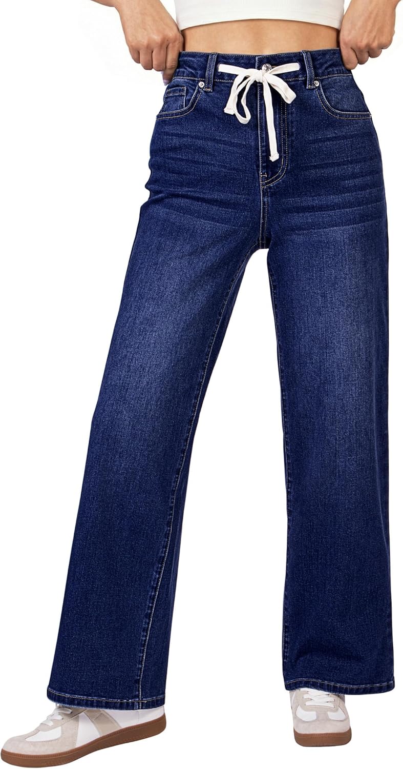 luvamia Wide Leg Jeans Woman High Waisted Trendy Drawstring Stretchy Denim Pants Relaxed Fit Trouser Jeans