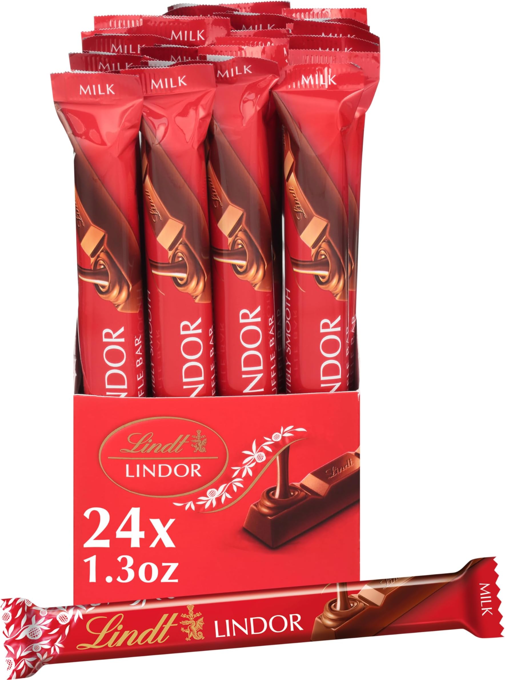 LINDOR Milk Chocolate Truffle Bar, Chocolate Candy Bar with Smooth Center, 1.3 oz. (24 Pack)